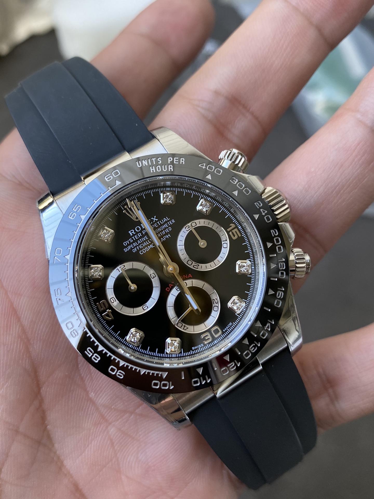 Super Clone Rolex 1:1 Daytona m116519LN Black Diamond Dial Rubber Strap 4130 Movement