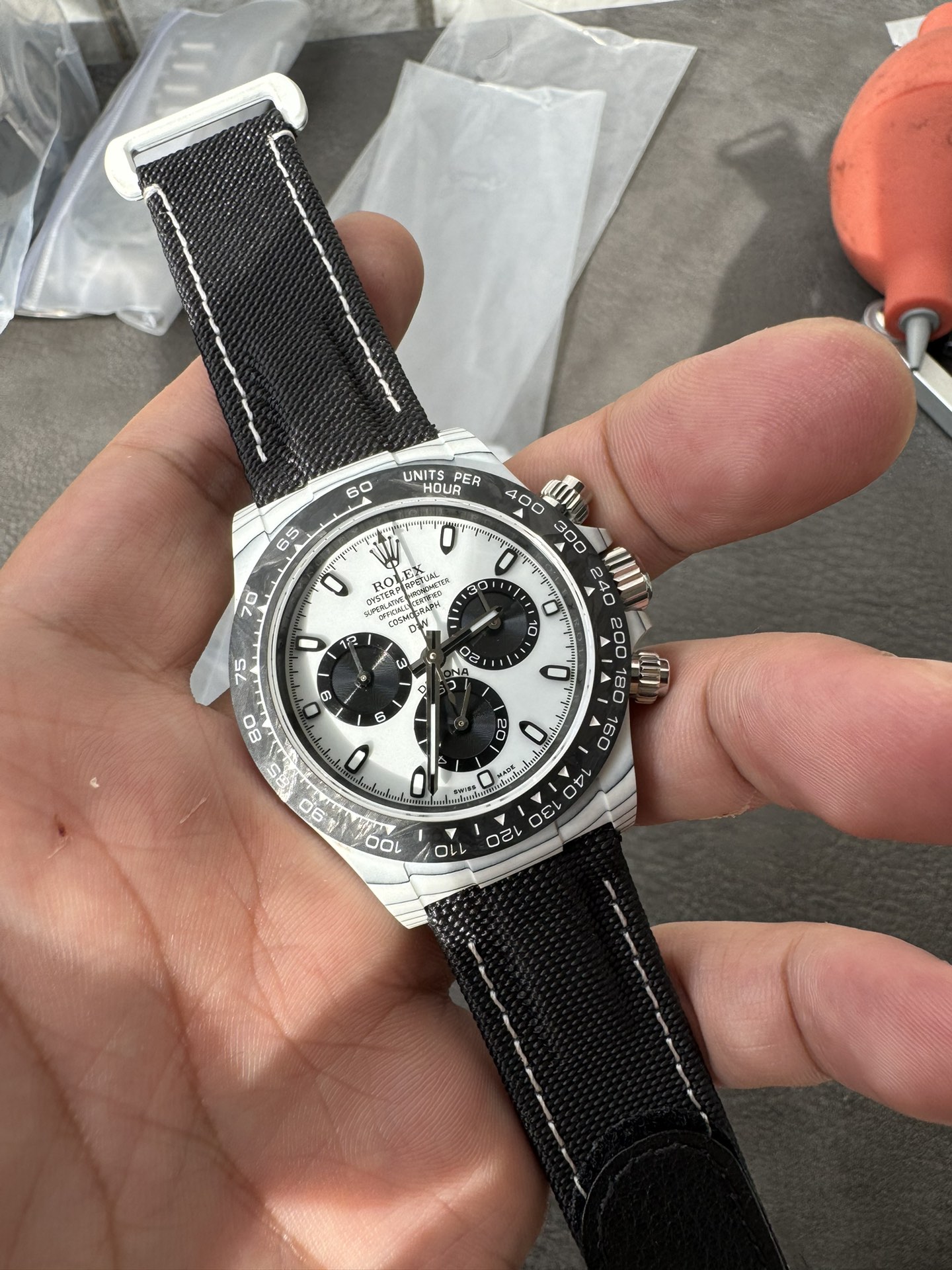 Super Clone Rolex 1:1 Daytona 116500LN – Panda Dial Fabric Strap Carbon fibre case 4130 Movement