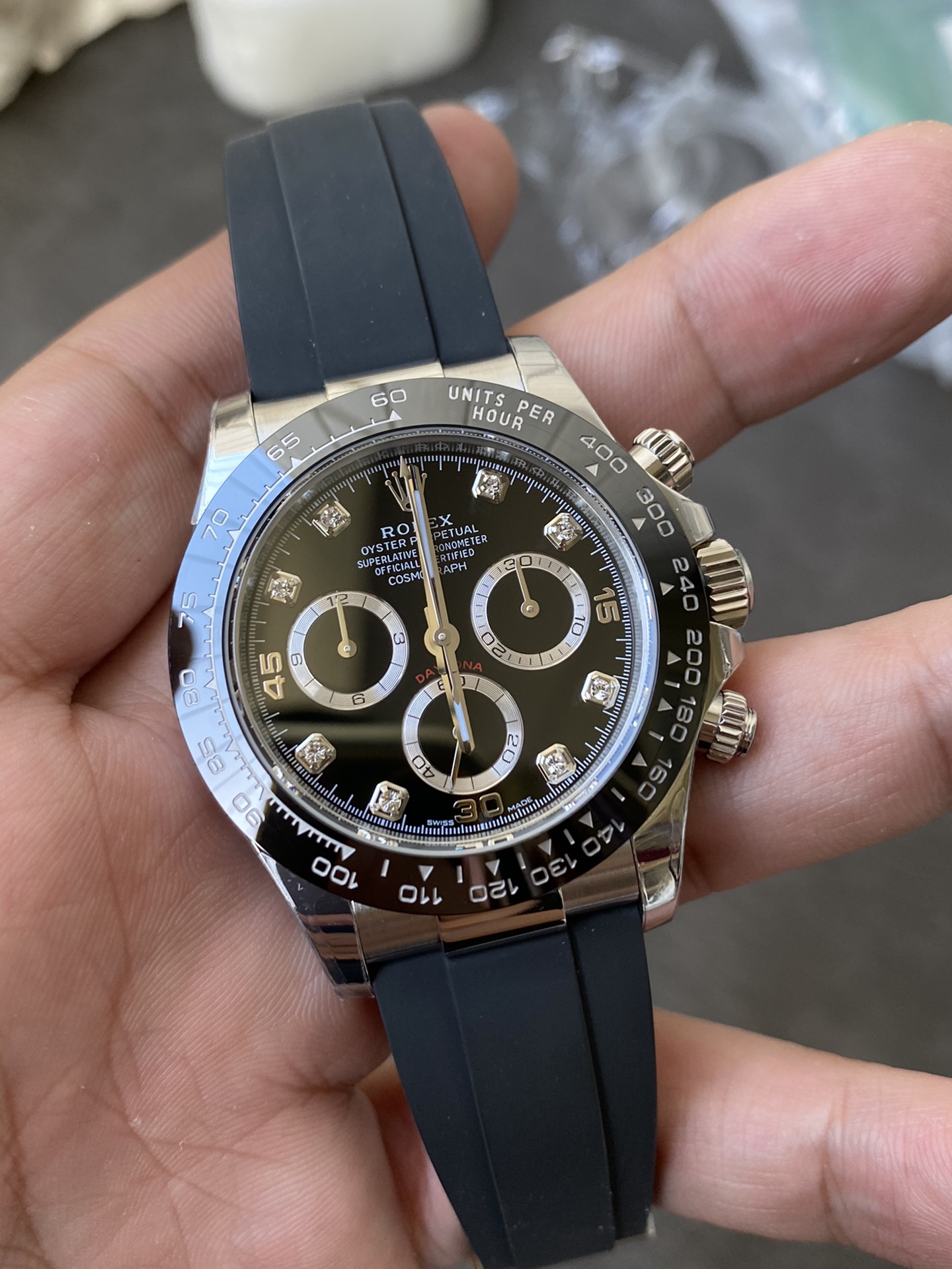 Super Clone Rolex 1:1 Daytona m116519LN Black Diamond Dial Rubber Strap 4130 Movement