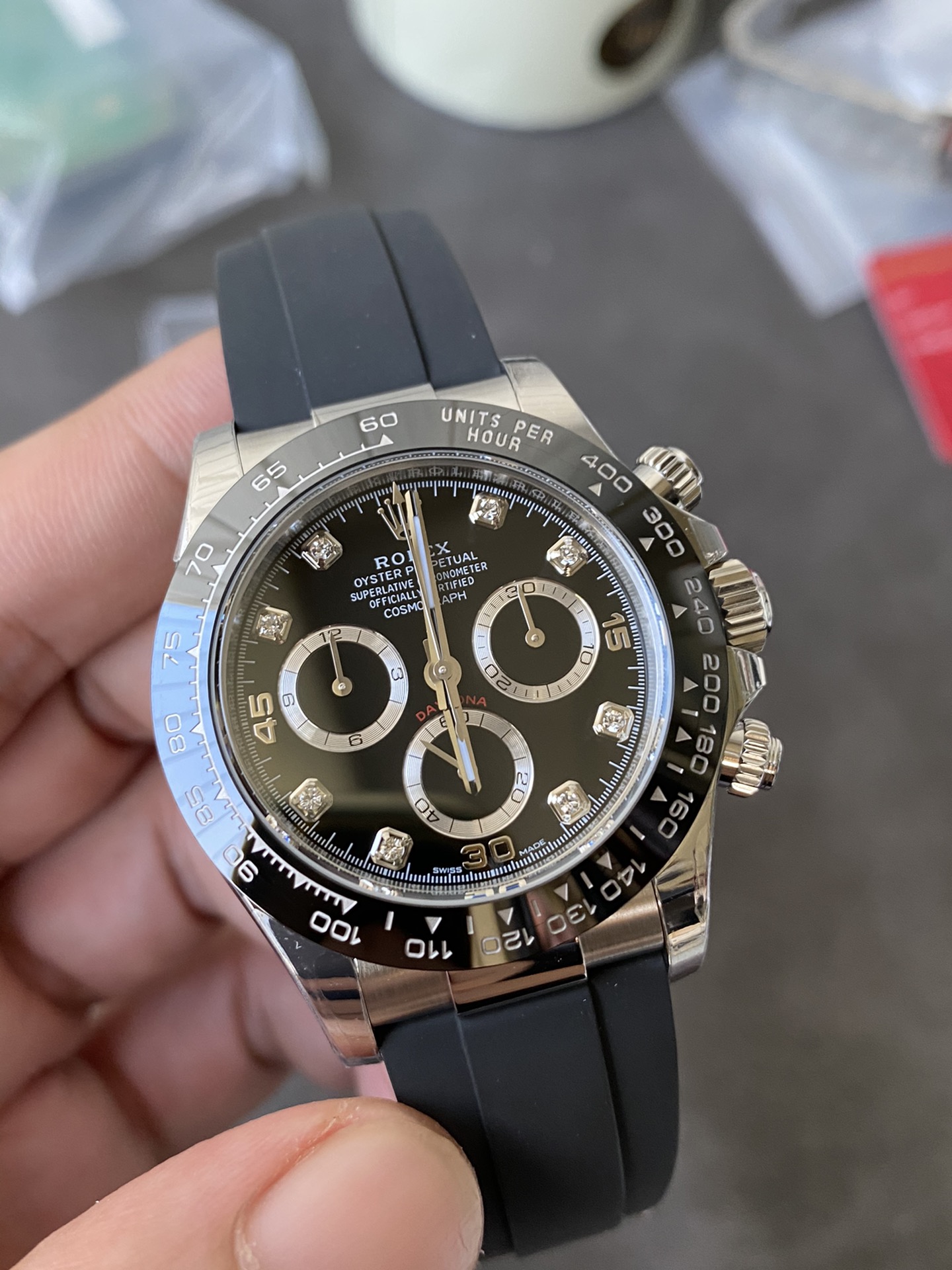 Super Clone Rolex 1:1 Daytona m116519LN Black Diamond Dial Rubber Strap 4130 Movement