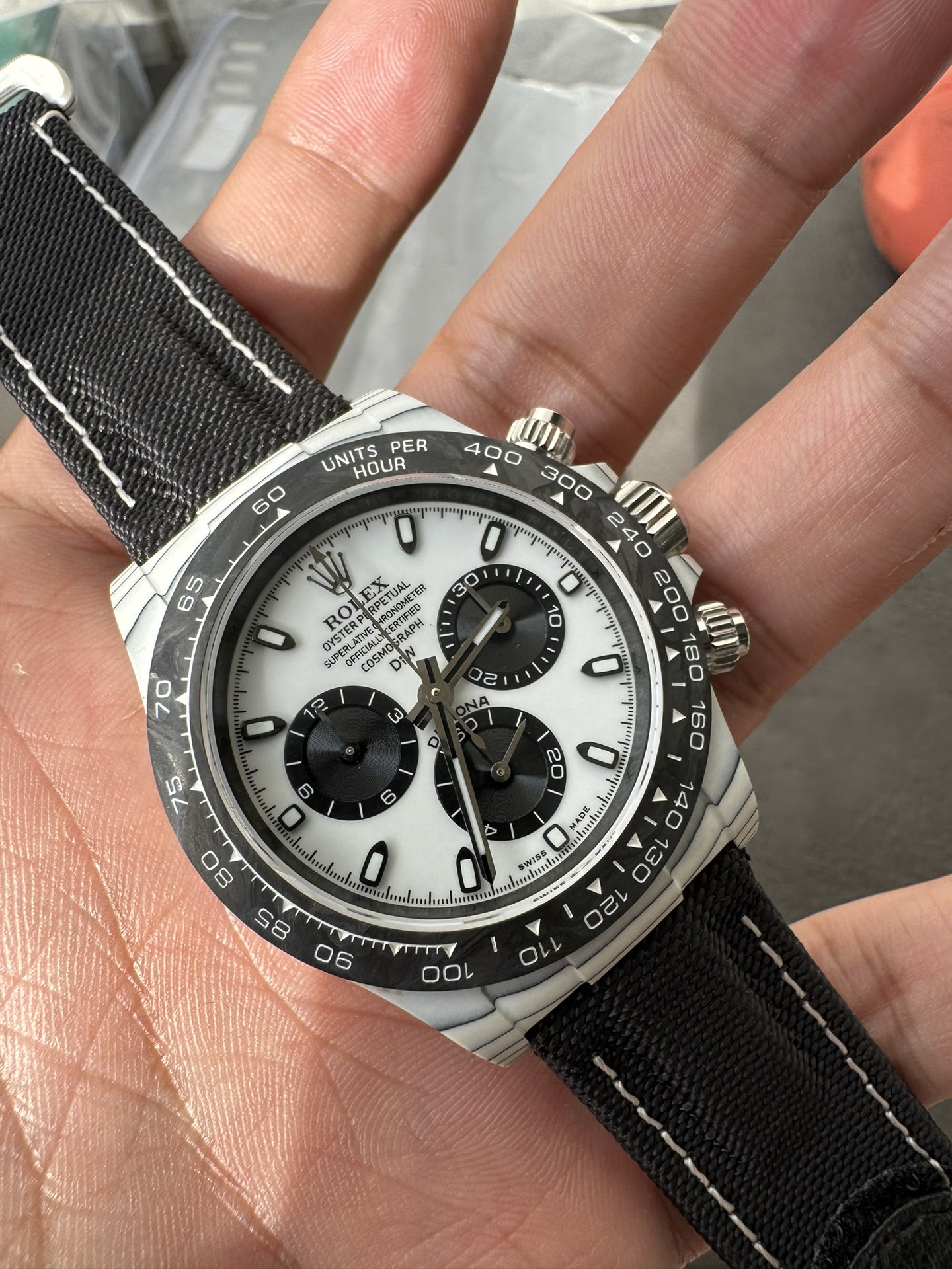 Super Clone Rolex 1:1 Daytona 116500LN – Panda Dial Fabric Strap Carbon fibre case 4130 Movement