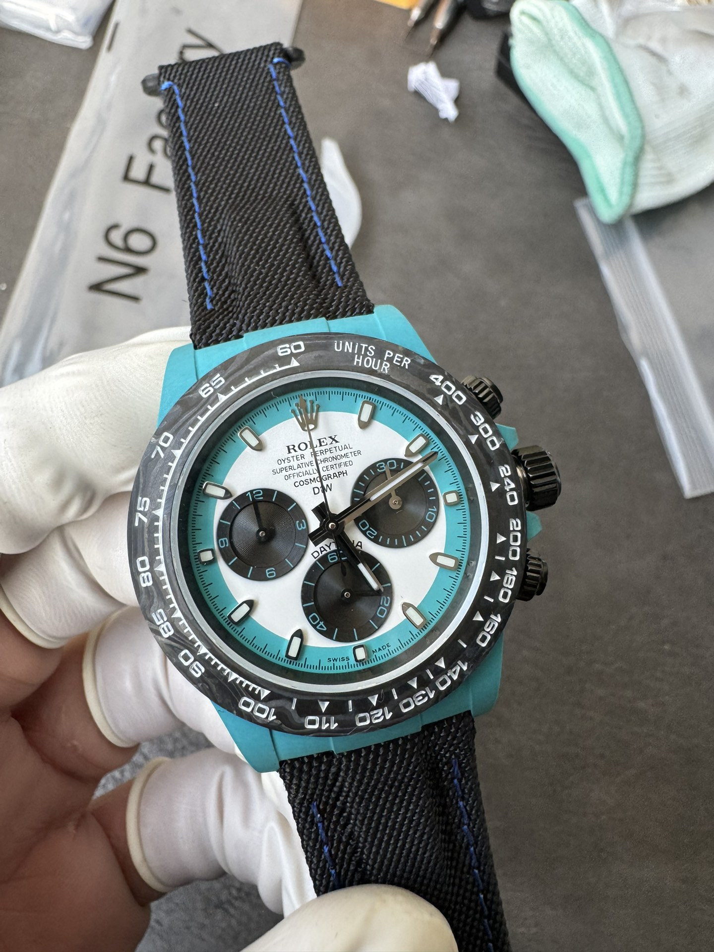 Super Clone Rolex 1:1 Daytona 116500LN - Panda Tiffany Blue Dial Fabric Strap Carbon Fibre Case 4130 Movement