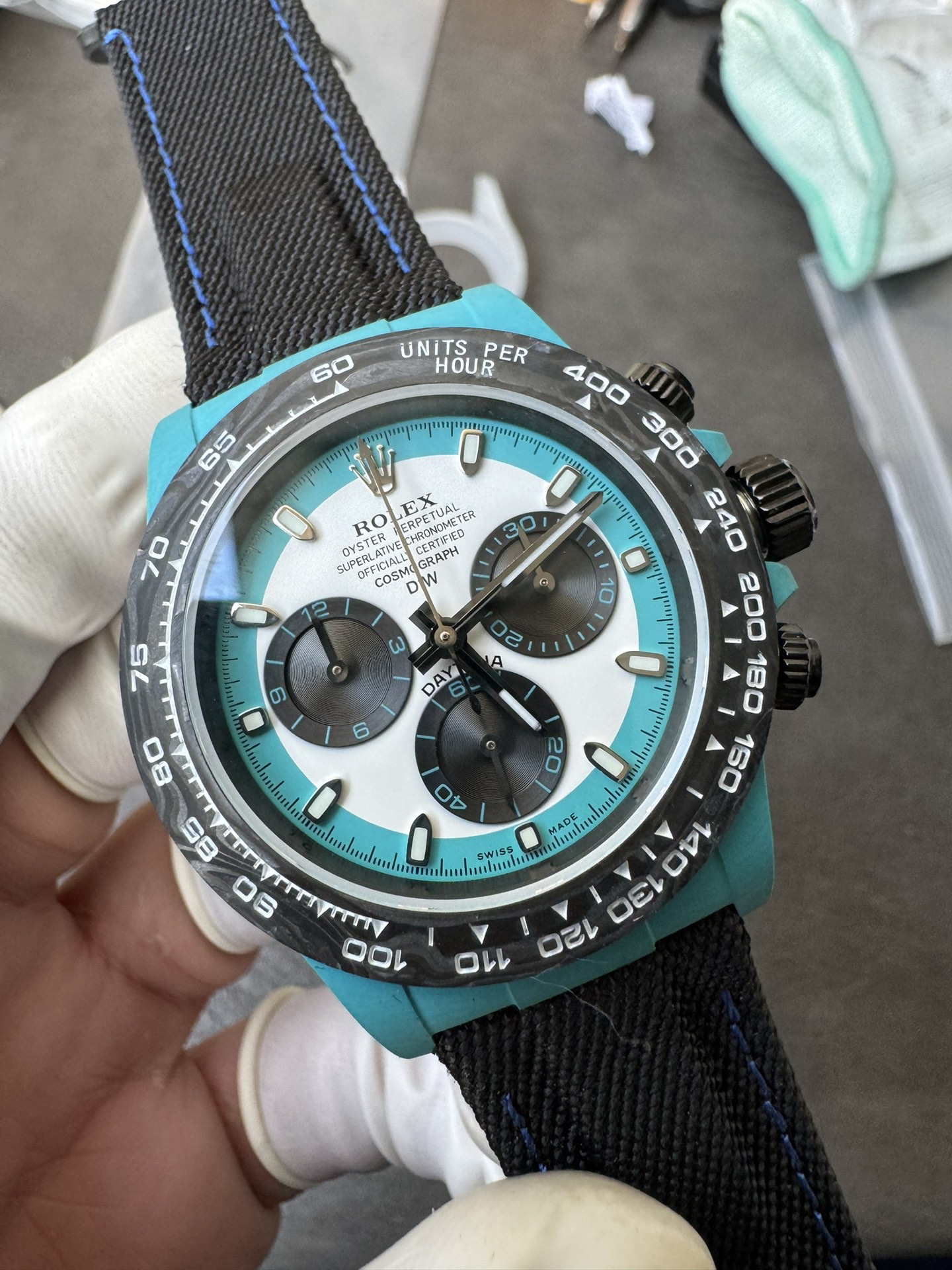 Super Clone Rolex 1:1 Daytona 116500LN - Panda Tiffany Blue Dial Fabric Strap Carbon Fibre Case 4130 Movement