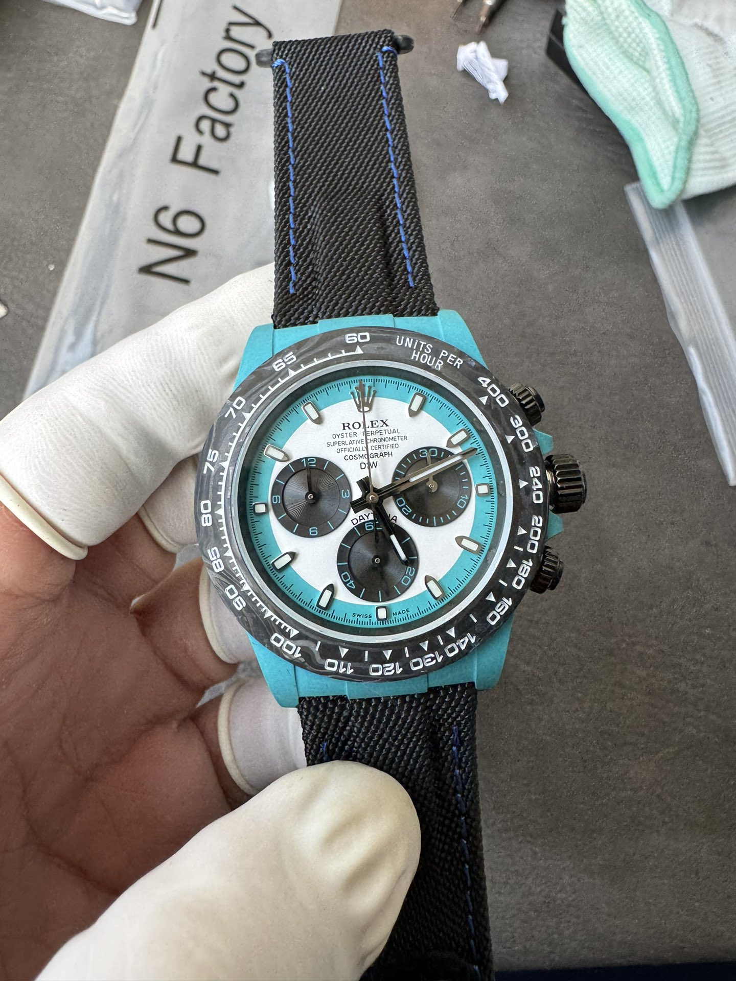 Super Clone Rolex 1:1 Daytona 116500LN - Panda Tiffany Blue Dial Fabric Strap Carbon Fibre Case 4130 Movement