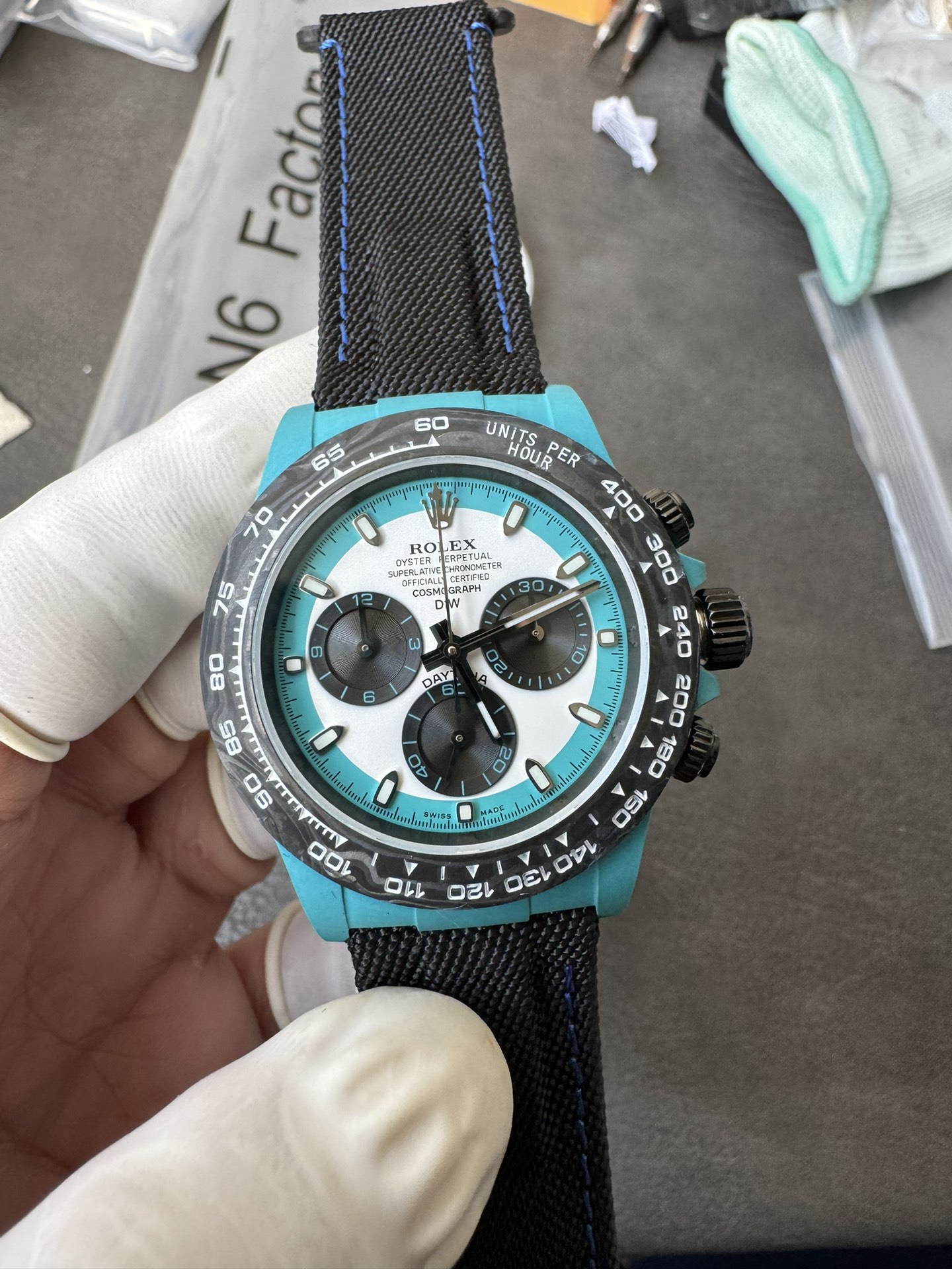 Super Clone Rolex 1:1 Daytona 116500LN - Panda Tiffany Blue Dial Fabric Strap Carbon Fibre Case 4130 Movement