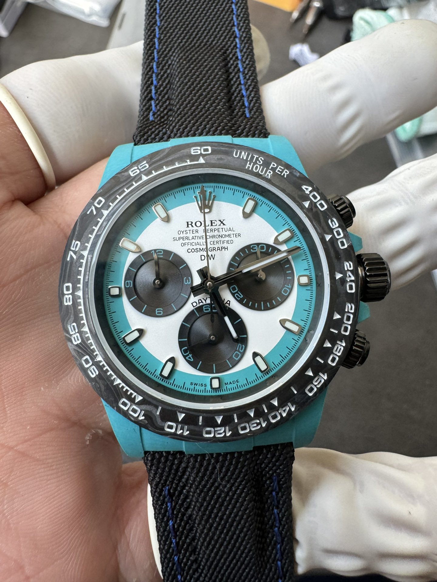 Super Clone Rolex 1:1 Daytona 116500LN - Panda Tiffany Blue Dial Fabric Strap Carbon Fibre Case 4130 Movement