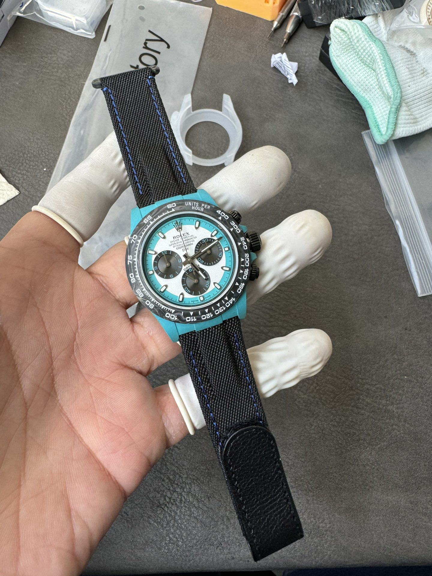 Super Clone Rolex 1:1 Daytona 116500LN - Panda Tiffany Blue Dial Fabric Strap Carbon Fibre Case 4130 Movement
