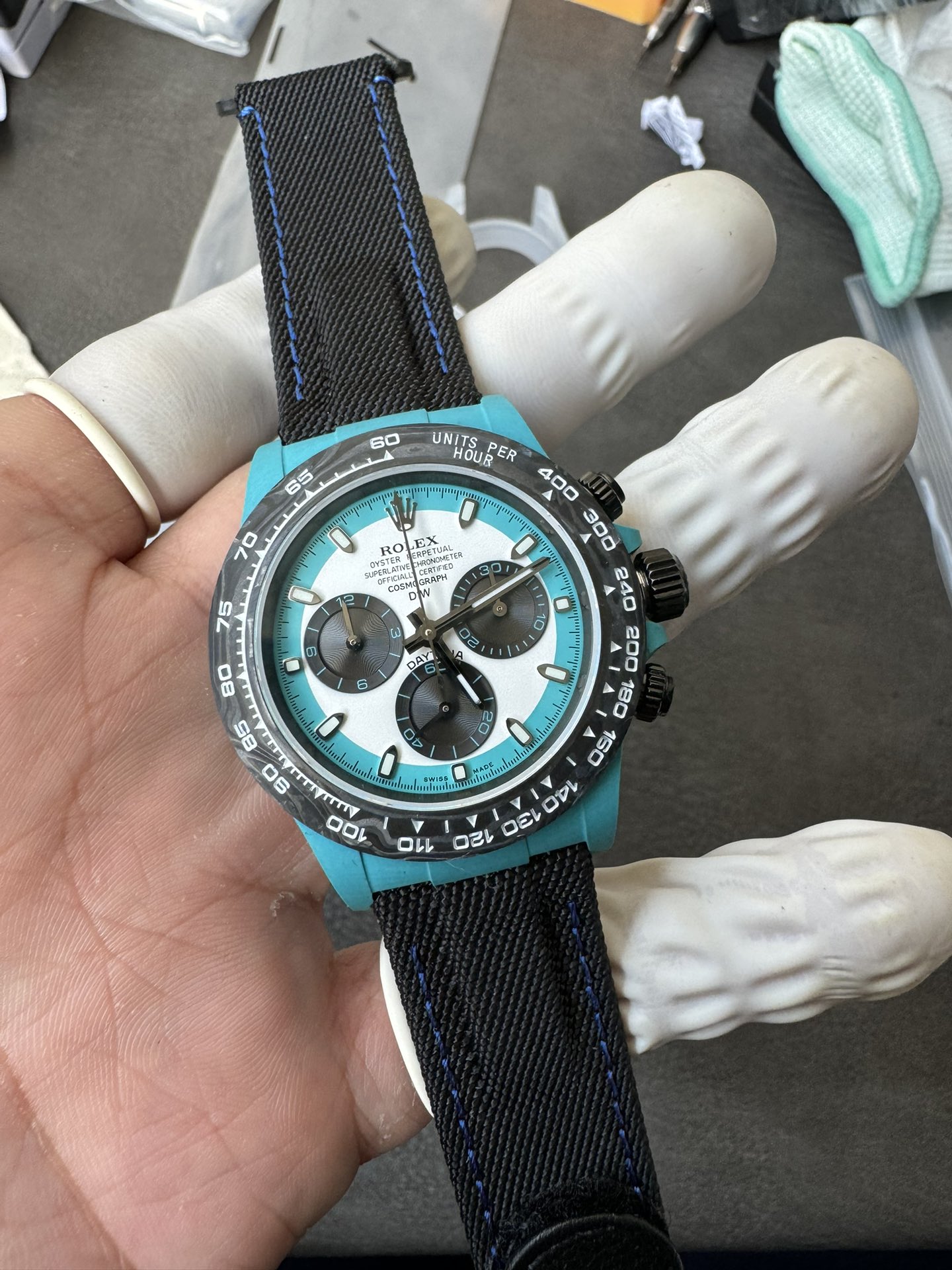 Super Clone Rolex 1:1 Daytona 116500LN - Panda Tiffany Blue Dial Fabric Strap Carbon Fibre Case 4130 Movement