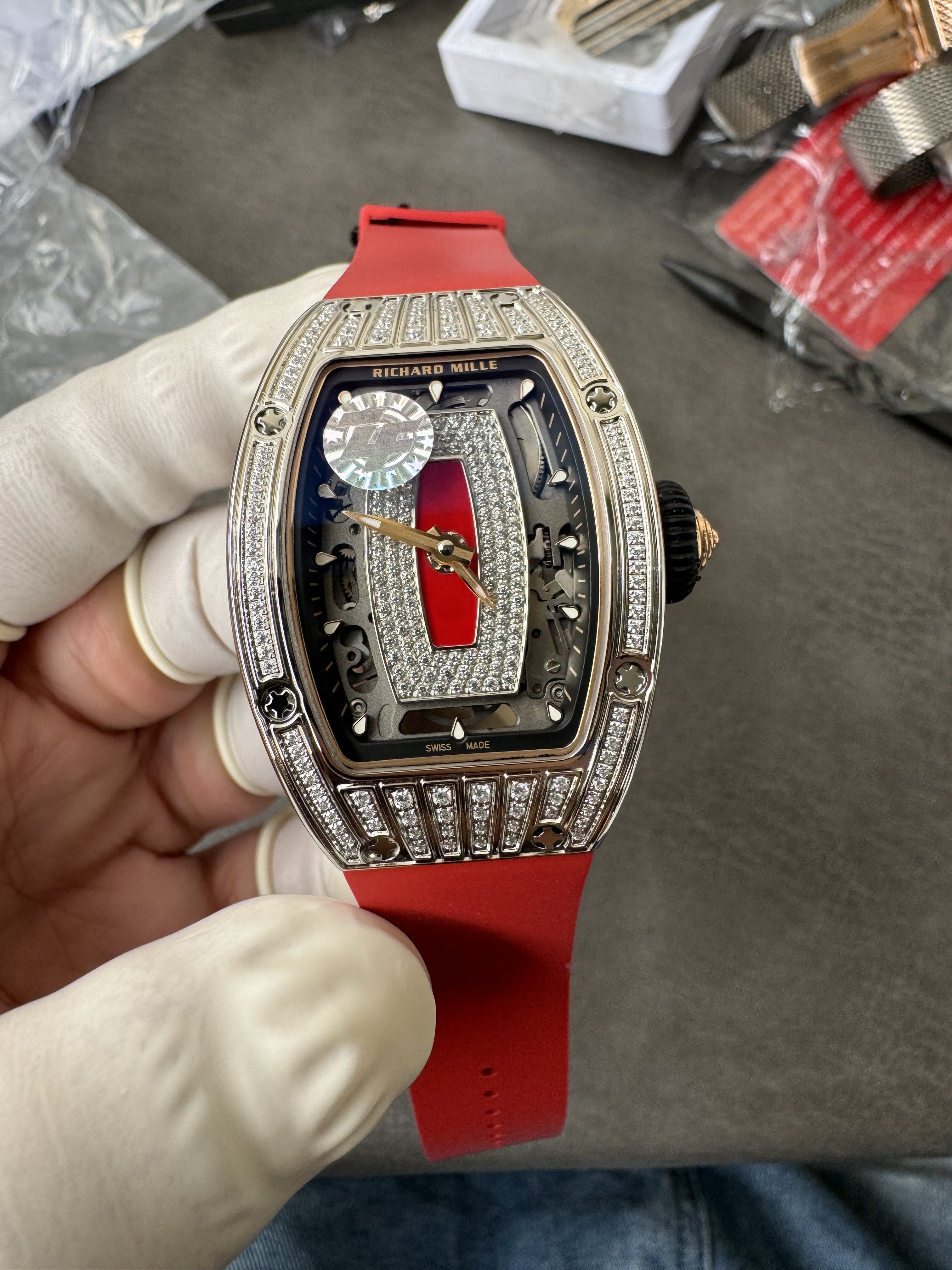 Super Clone Richard Mille RM 07-01 Full Diamond Red Strap Ladies Watch with Red Inlay & Gem-Set Bridge