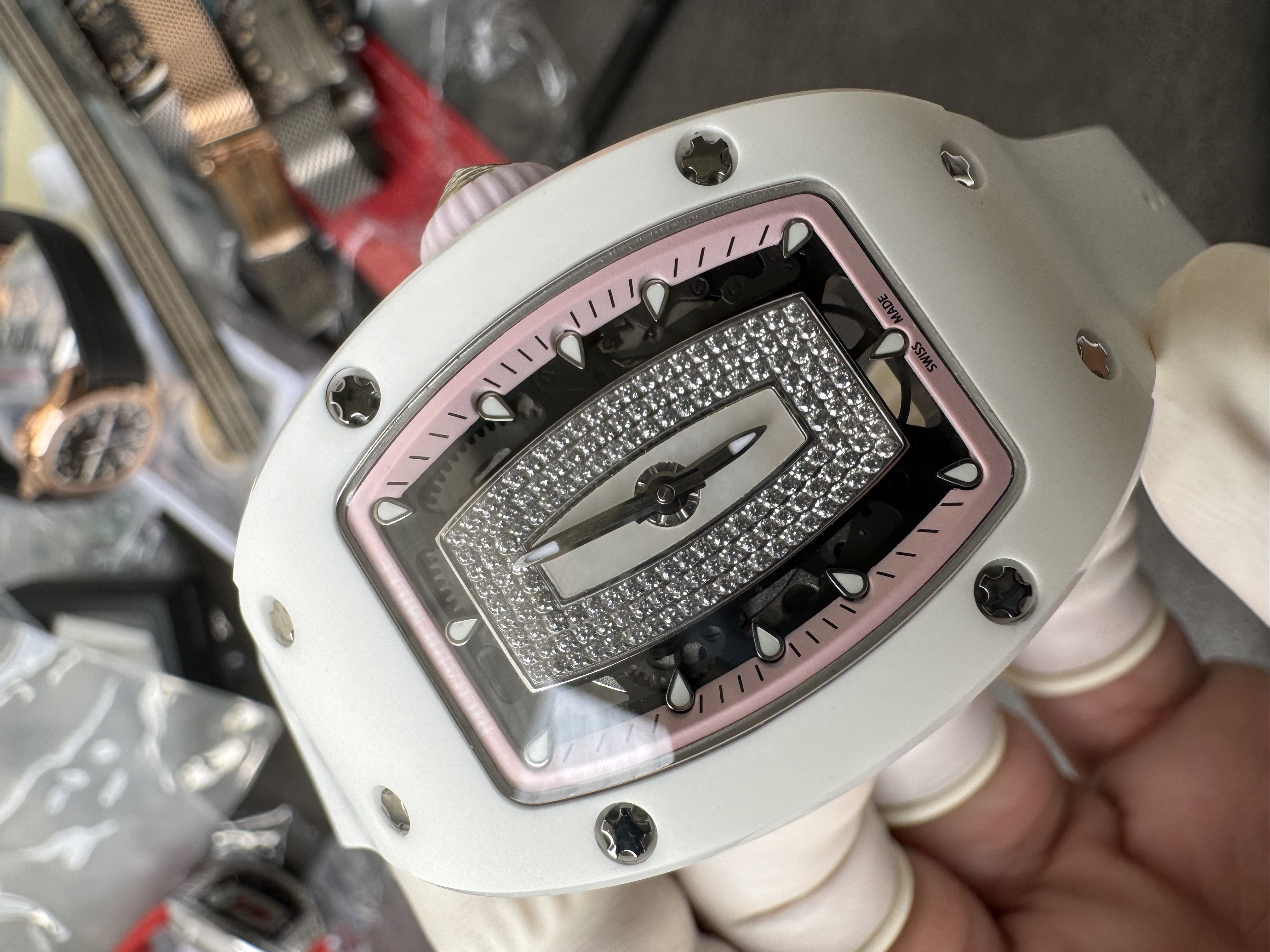 Super Clone Richard Mille RM 07-01 Ladies Watch White Ceramic Case with Pink Inner Ring & Full Diamond Bridge