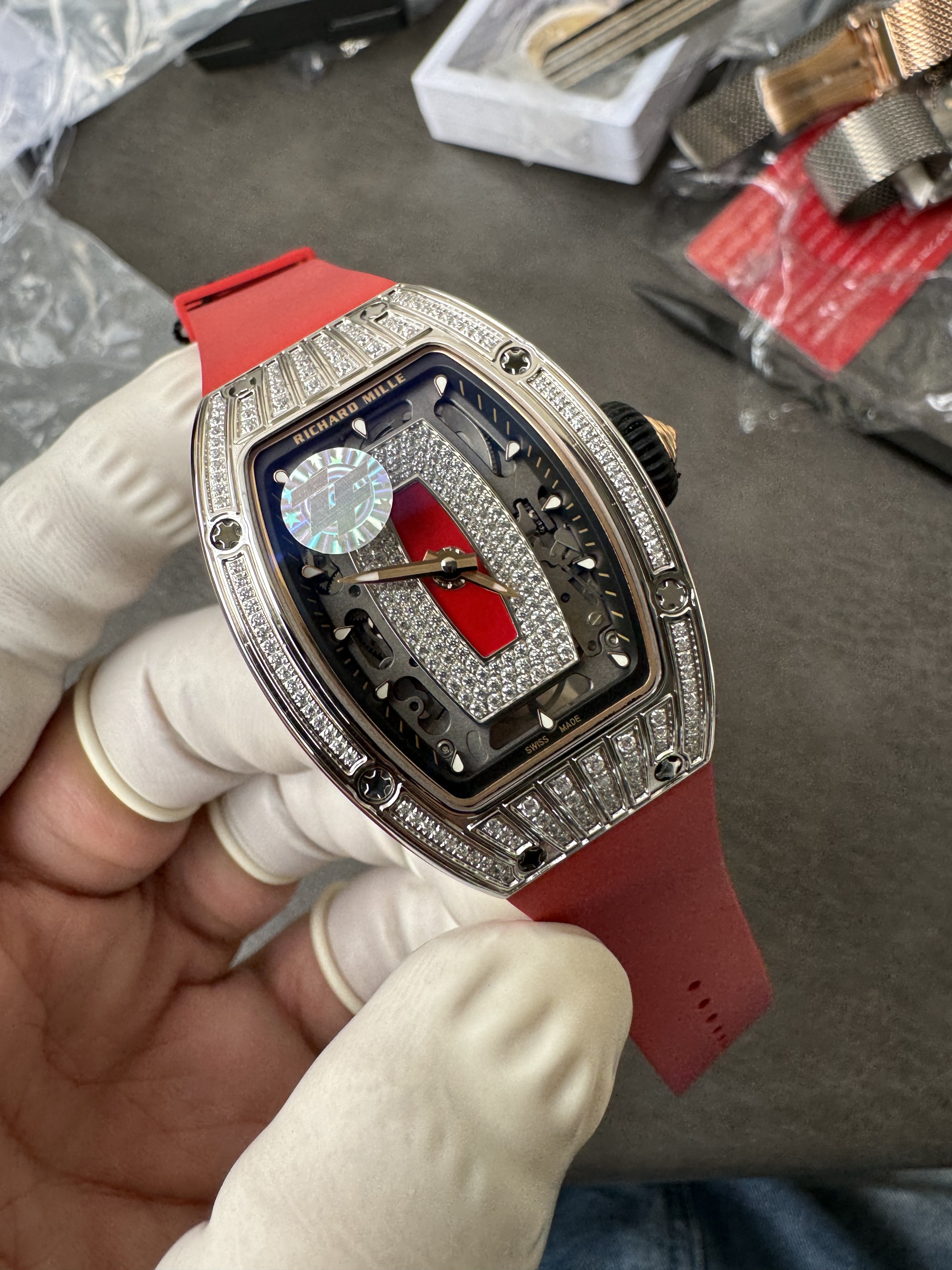 Super Clone Richard Mille RM 07-01 Full Diamond Red Strap Ladies Watch with Red Inlay & Gem-Set Bridge