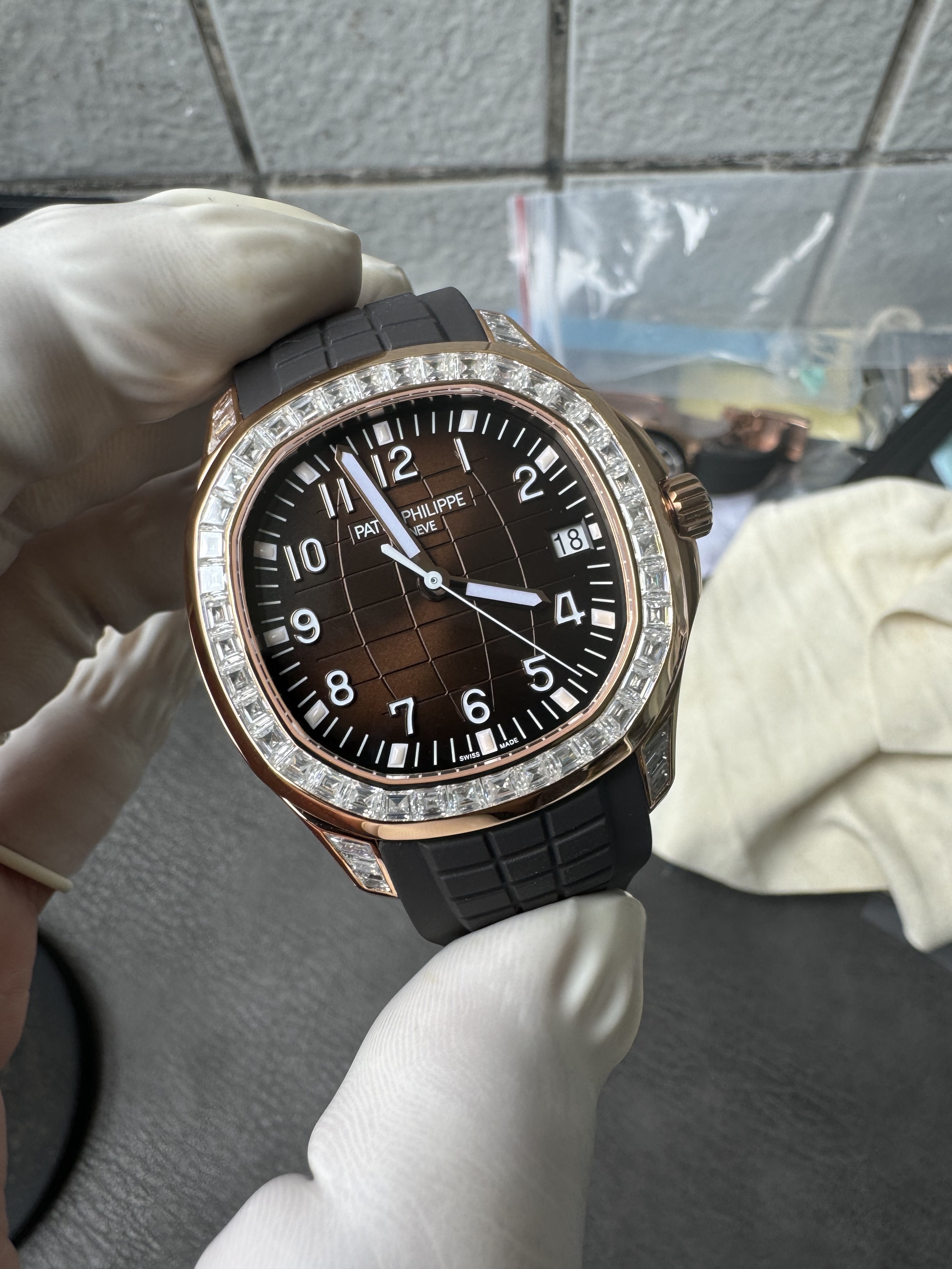 Super Clone 1:1 Patek Philippe Aquanaut 5167R “Grenade” Rose Gold with Full Diamond Bezel & Rubber Strap