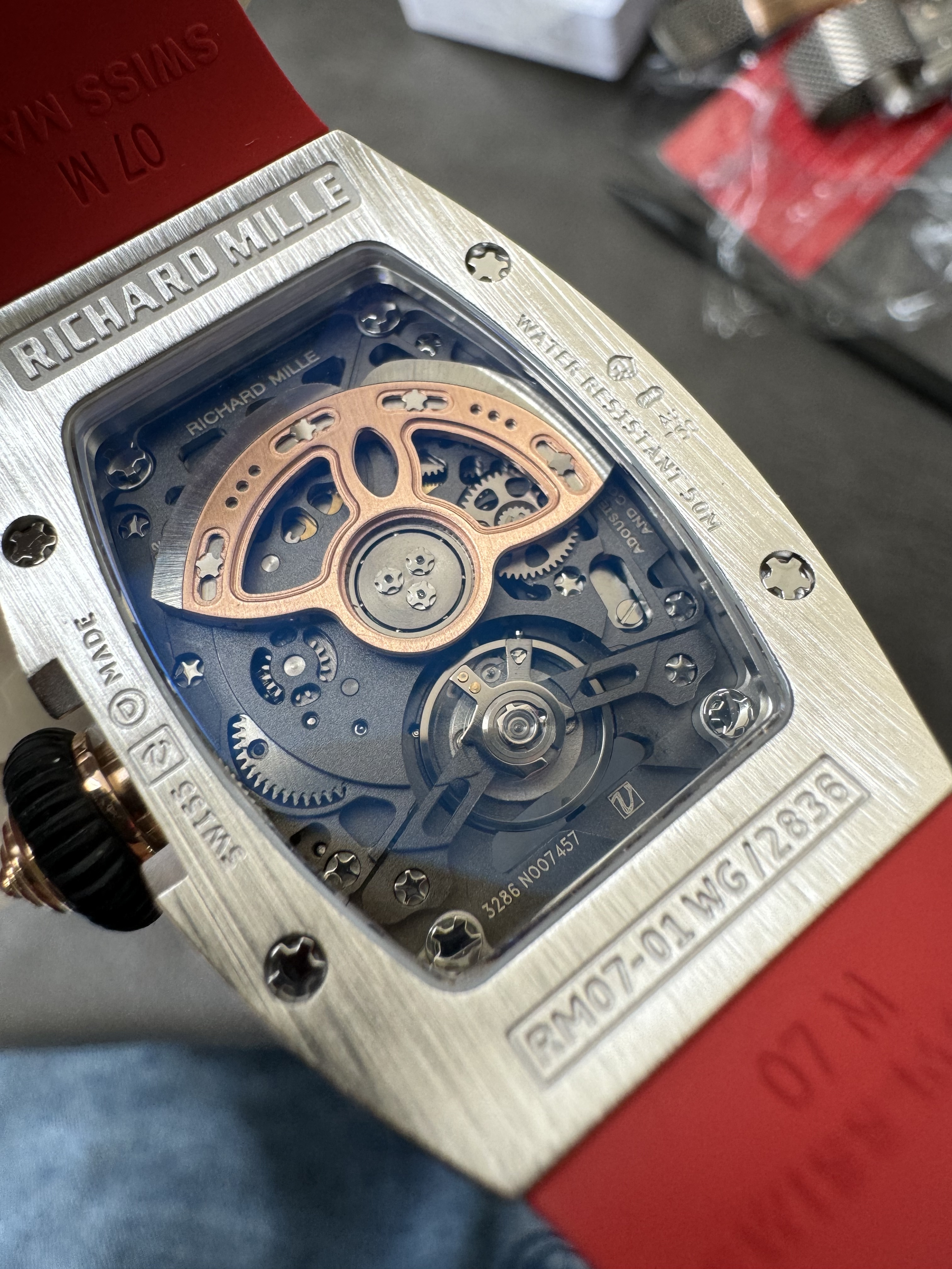 Super Clone Richard Mille RM 07-01 Full Diamond Red Strap Ladies Watch with Red Inlay & Gem-Set Bridge