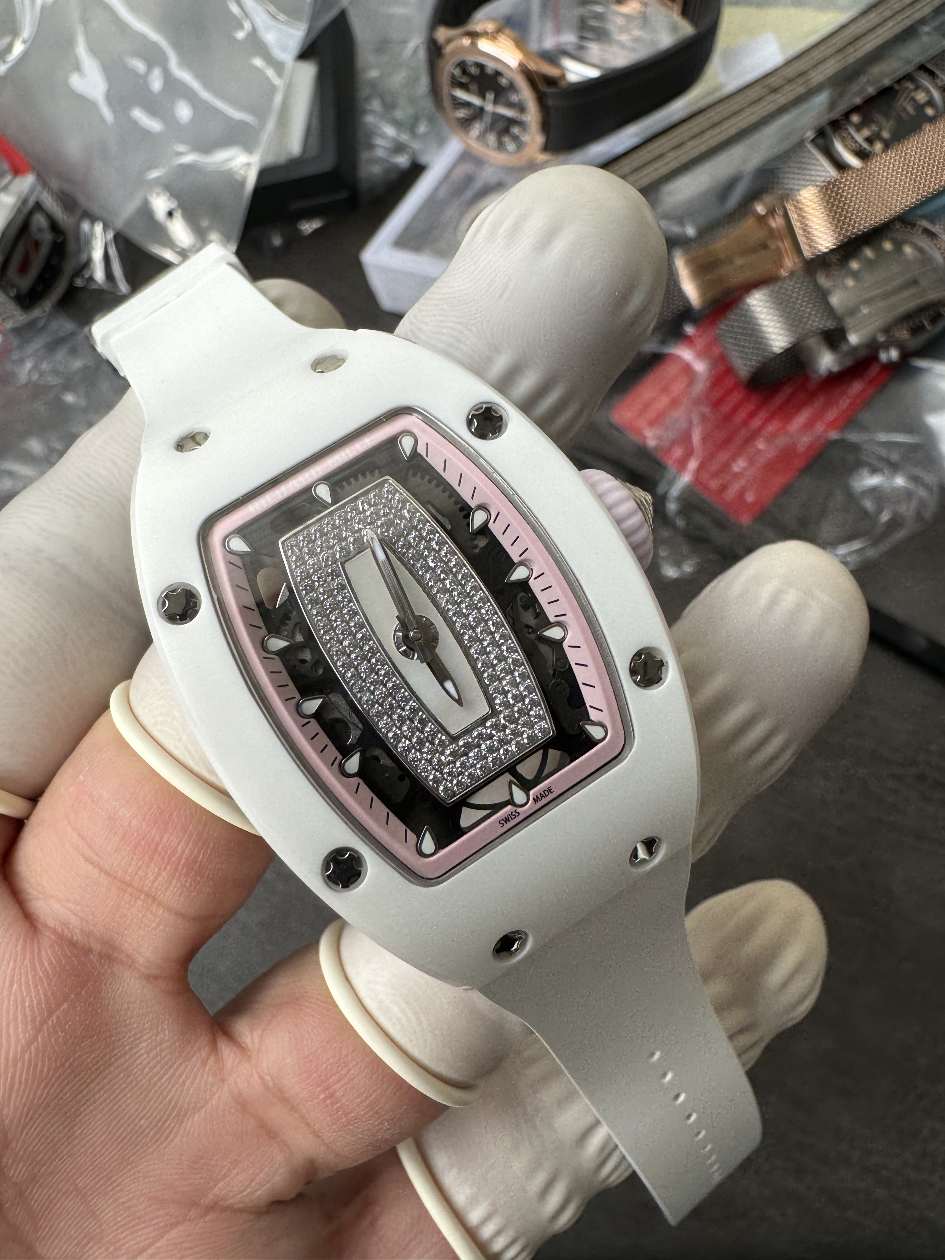 Super Clone Richard Mille RM 07-01 Ladies Watch White Ceramic Case with Pink Inner Ring & Full Diamond Bridge