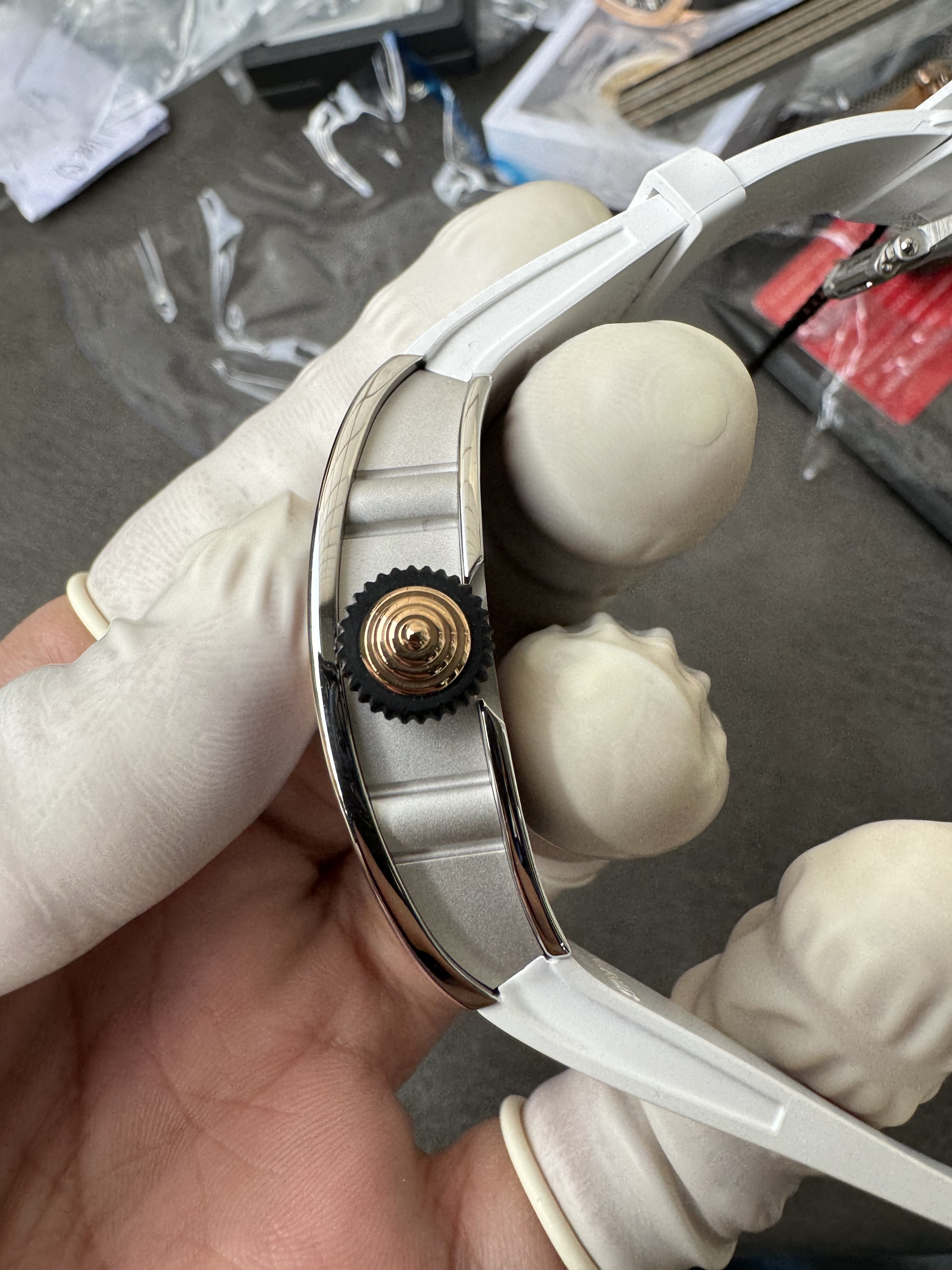 Super Clone Richard Mille RM 07-01 White Full Diamond Ladies Watch with Red Center Inlay & Gem-Set Bridge