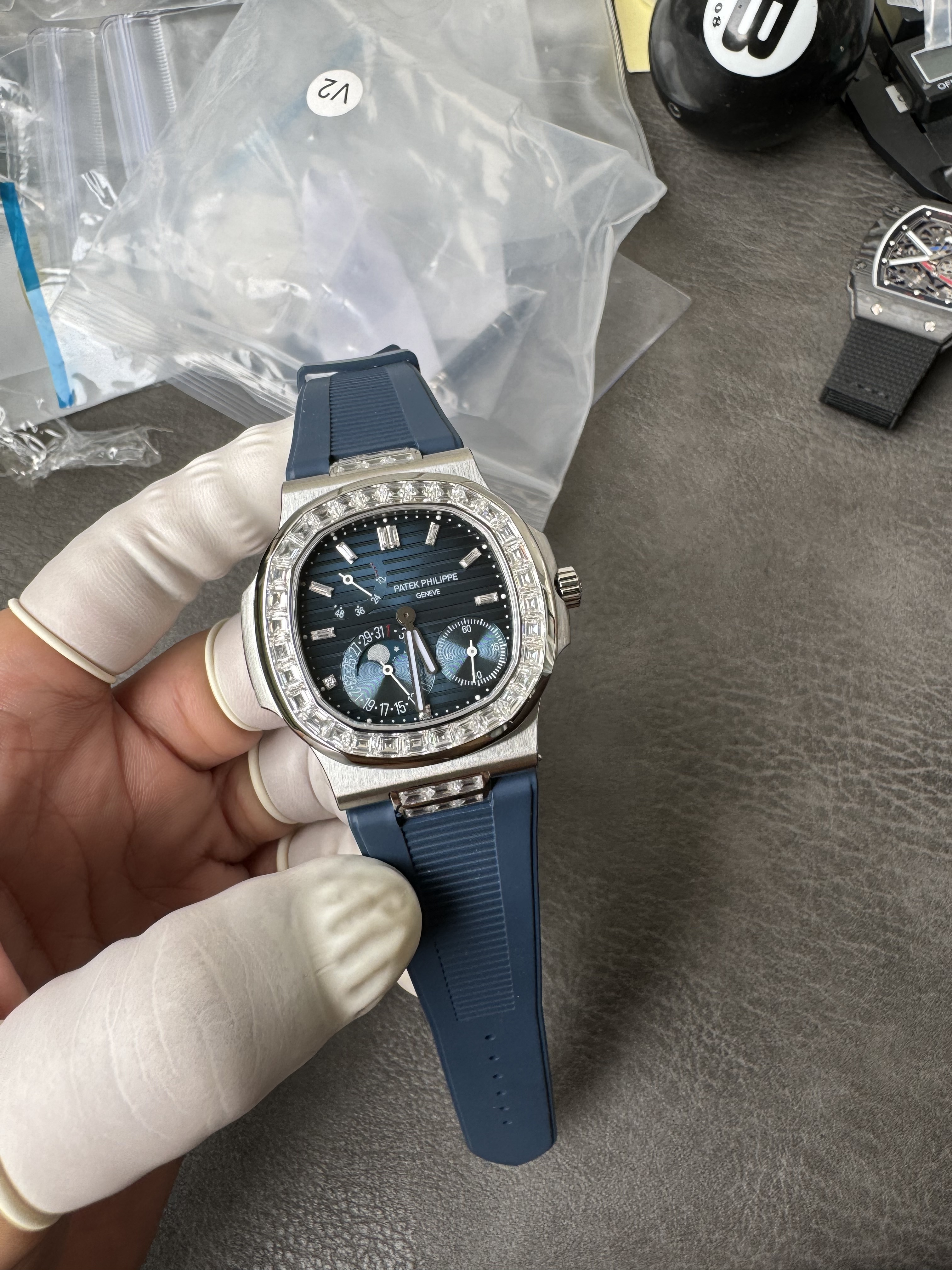 Super Clone 1:1 Patek Philippe Nautilus 5712 Blue Dial Perpetual Calendar with Diamond Bezel – Blue Rubber Strap
