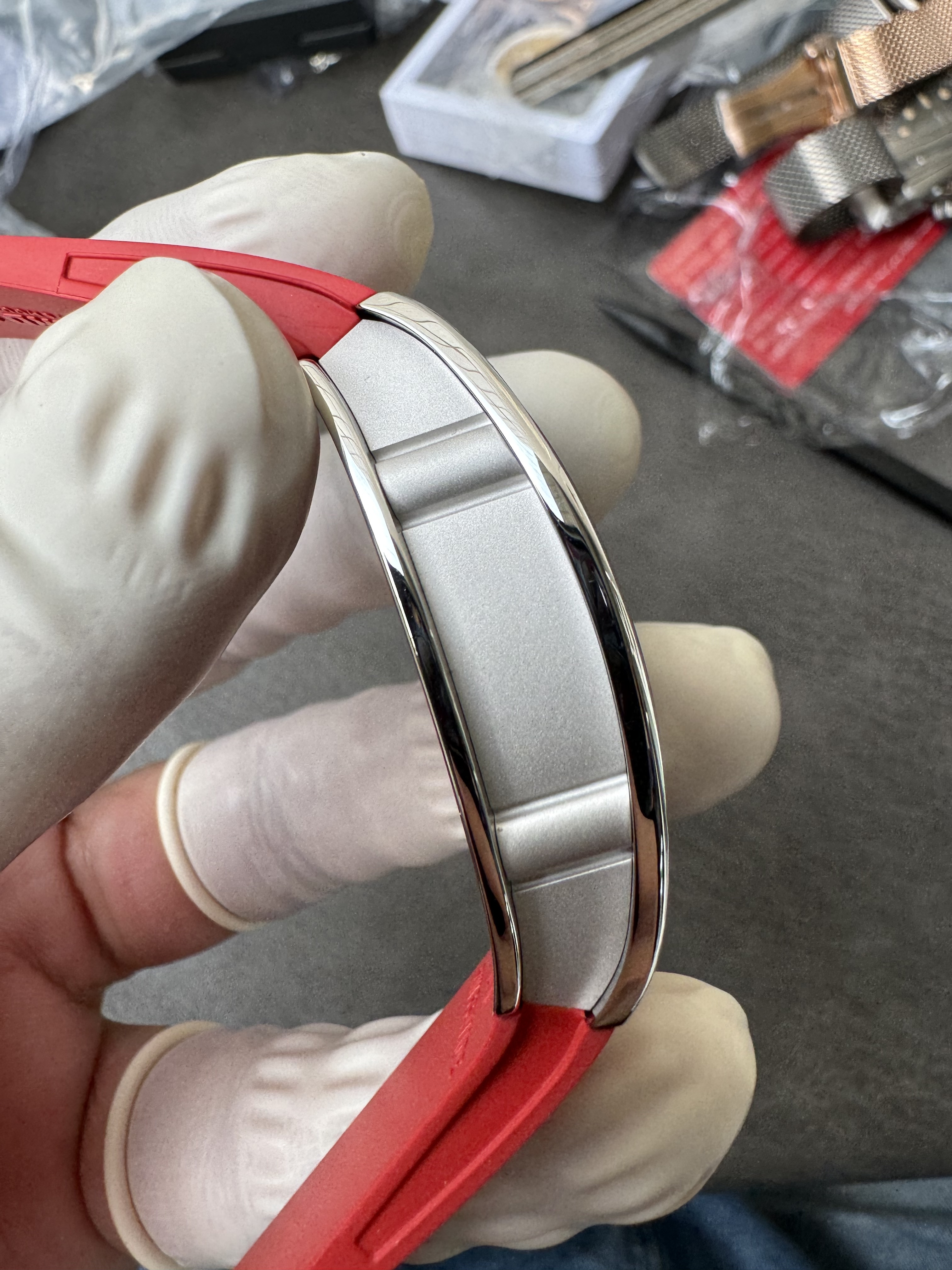 Super Clone Richard Mille RM 07-01 Full Diamond Red Strap Ladies Watch with Red Inlay & Gem-Set Bridge