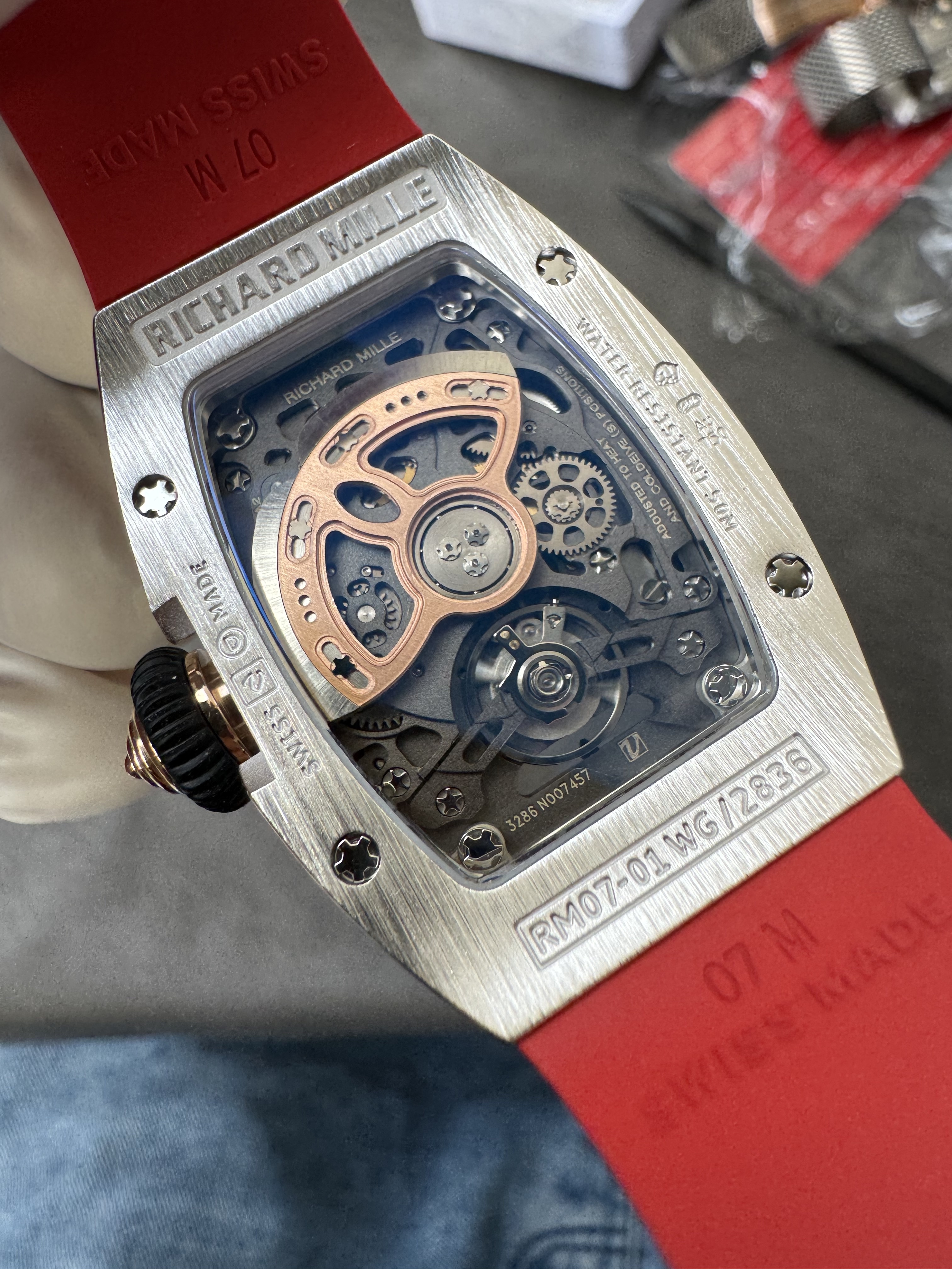 Super Clone Richard Mille RM 07-01 Full Diamond Red Strap Ladies Watch with Red Inlay & Gem-Set Bridge