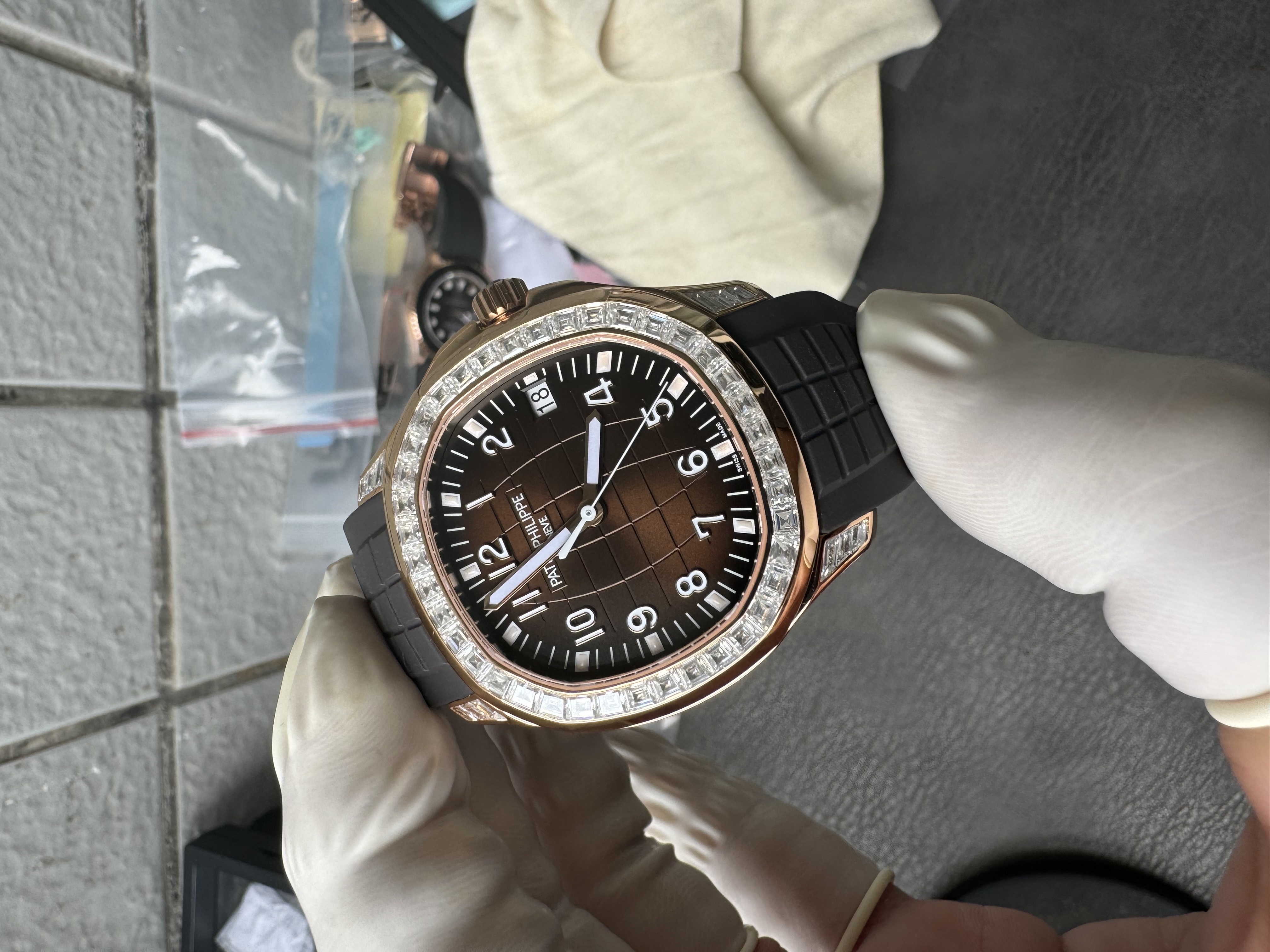 Super Clone 1:1 Patek Philippe Aquanaut 5167R “Grenade” Rose Gold with Full Diamond Bezel & Rubber Strap