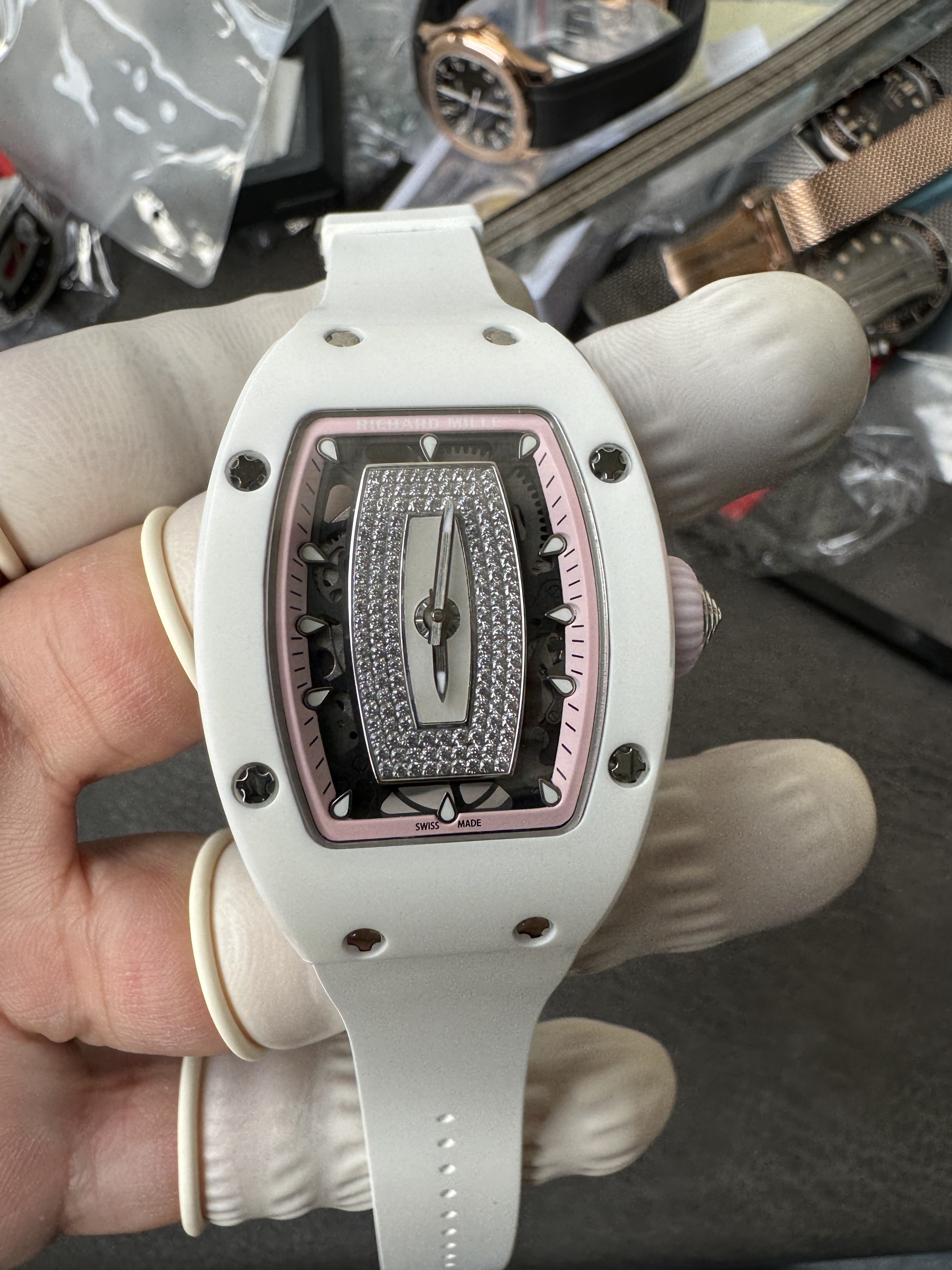 Super Clone Richard Mille RM 07-01 Ladies Watch White Ceramic Case with Pink Inner Ring & Full Diamond Bridge