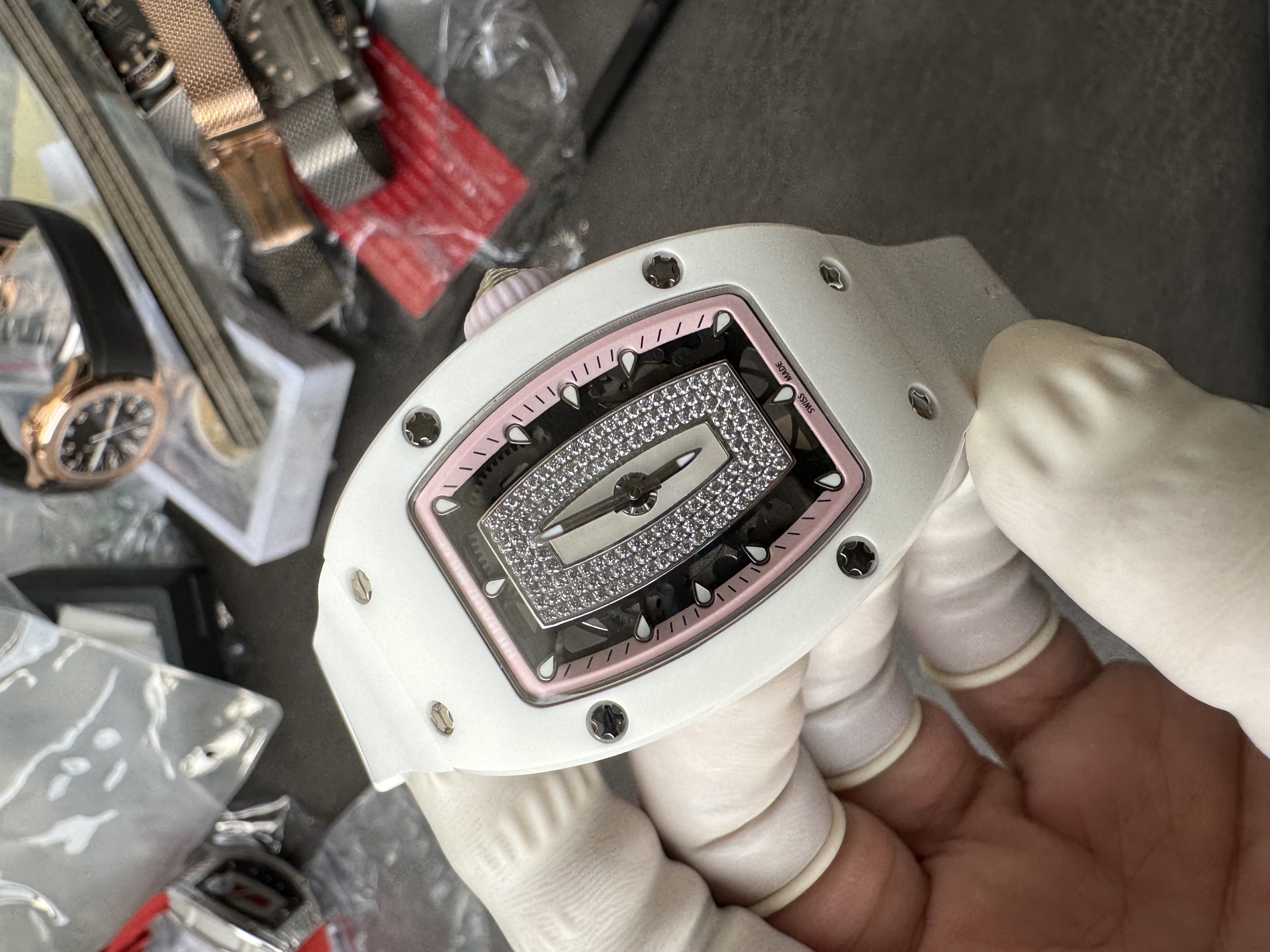 Super Clone Richard Mille RM 07-01 Ladies Watch White Ceramic Case with Pink Inner Ring & Full Diamond Bridge