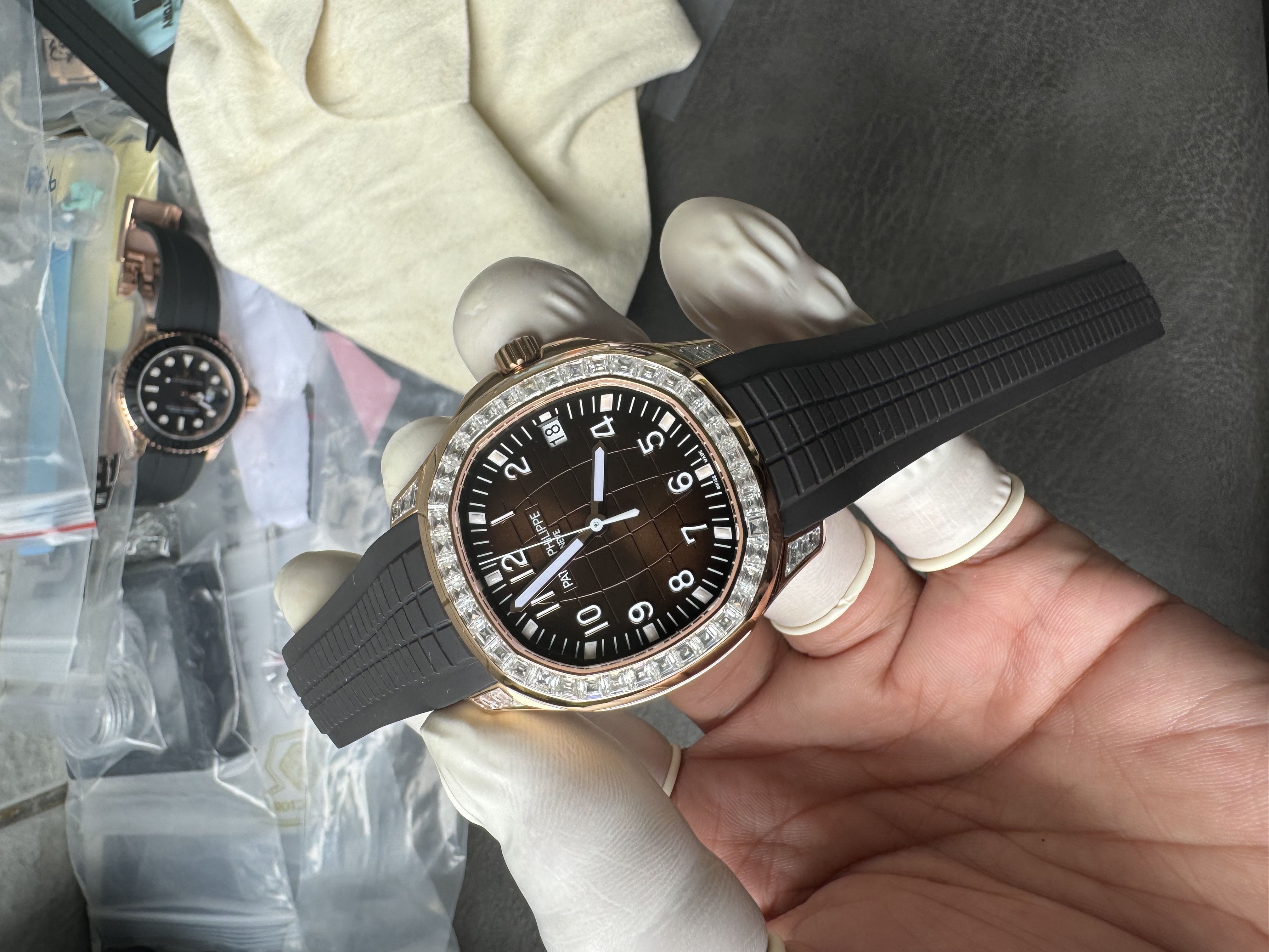 Super Clone 1:1 Patek Philippe Aquanaut 5167R “Grenade” Rose Gold with Full Diamond Bezel & Rubber Strap