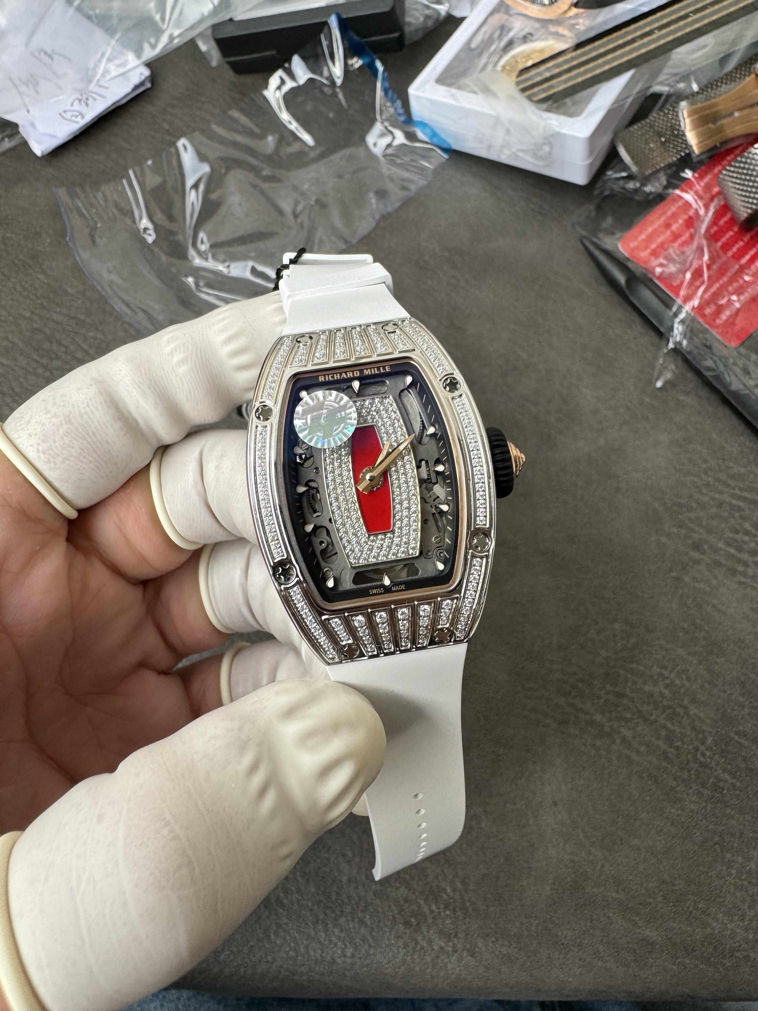 Super Clone Richard Mille RM 07-01 White Full Diamond Ladies Watch with Red Center Inlay & Gem-Set Bridge