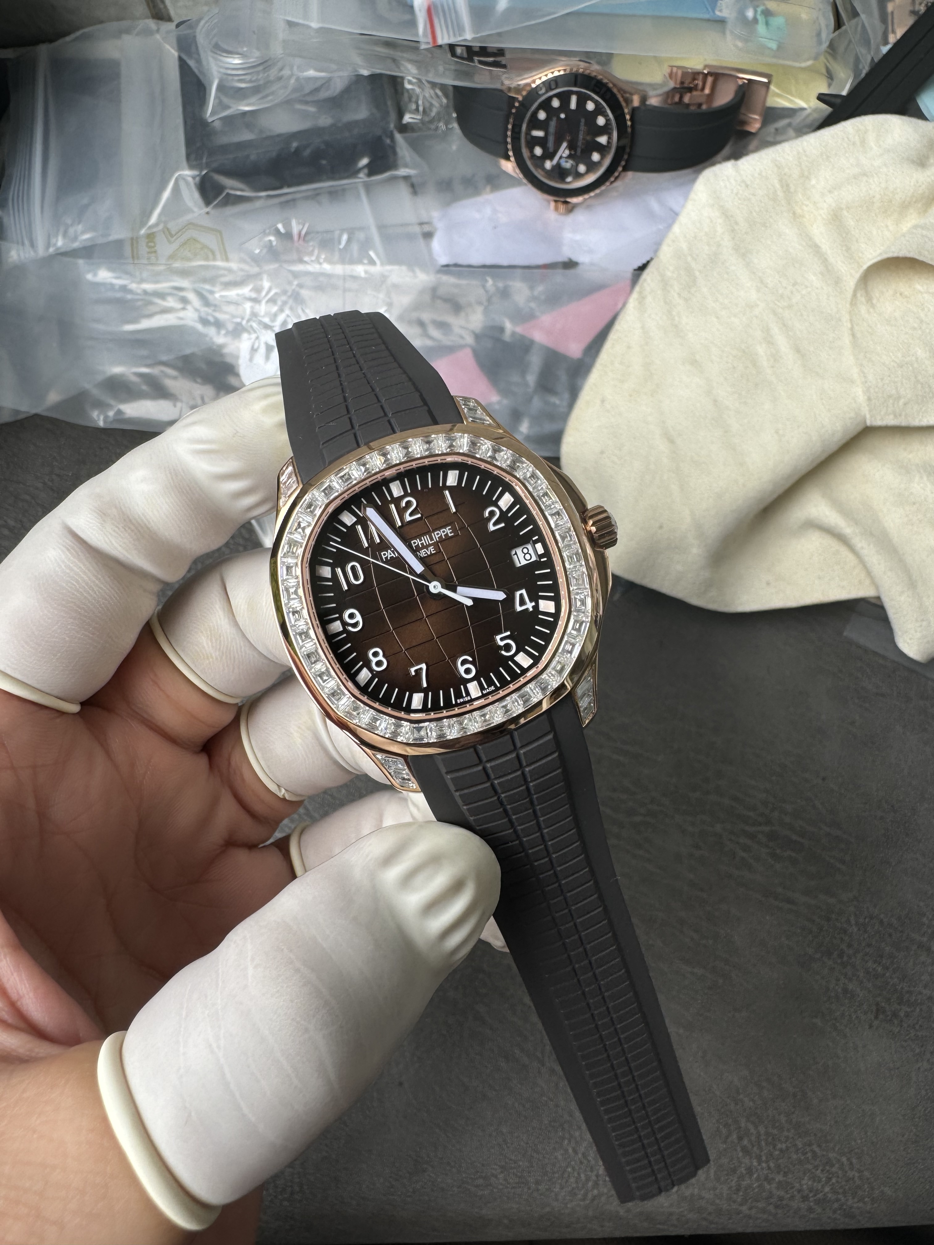 Super Clone 1:1 Patek Philippe Aquanaut 5167R “Grenade” Rose Gold with Full Diamond Bezel & Rubber Strap
