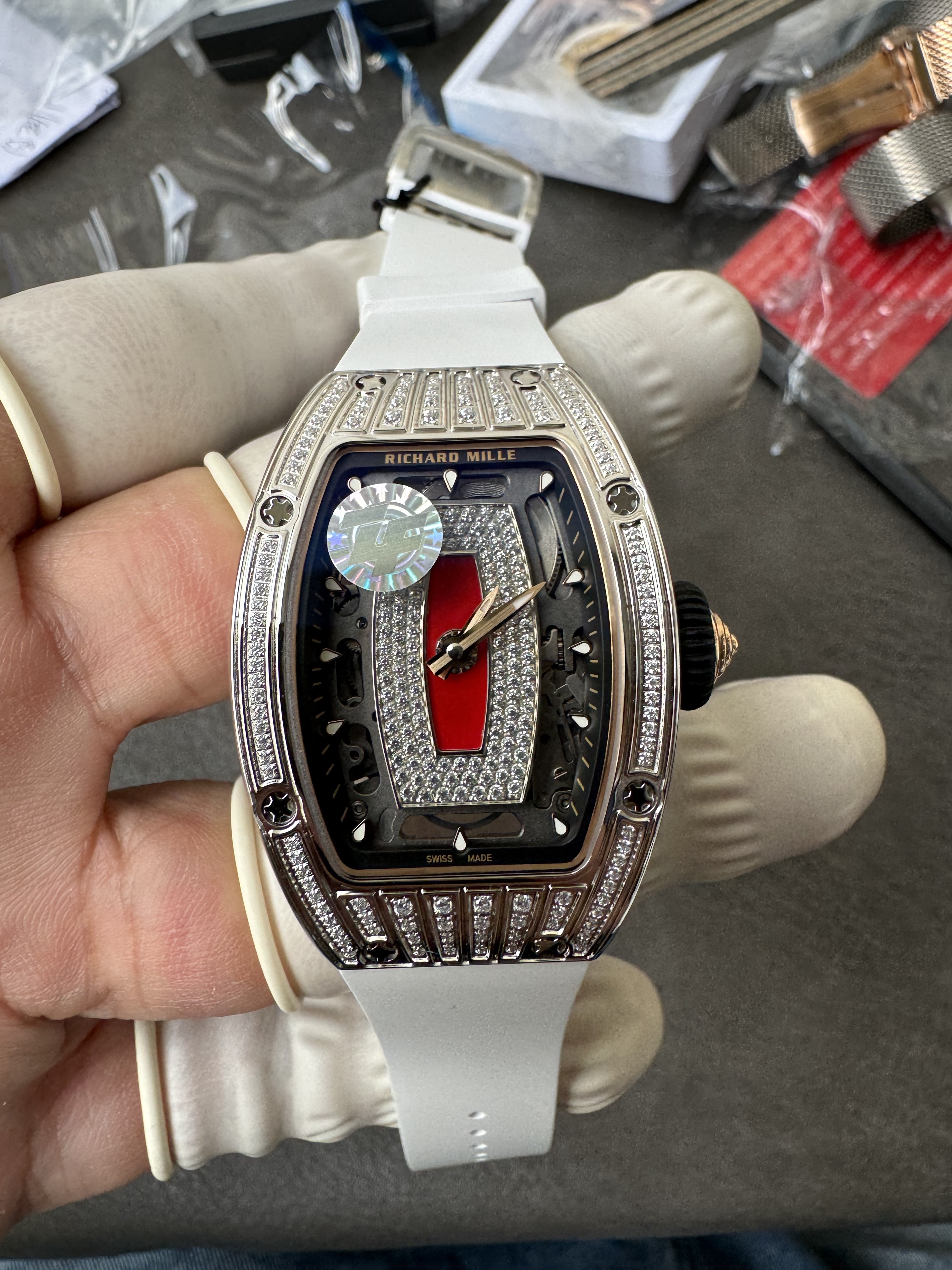 Super Clone Richard Mille RM 07-01 White Full Diamond Ladies Watch with Red Center Inlay & Gem-Set Bridge