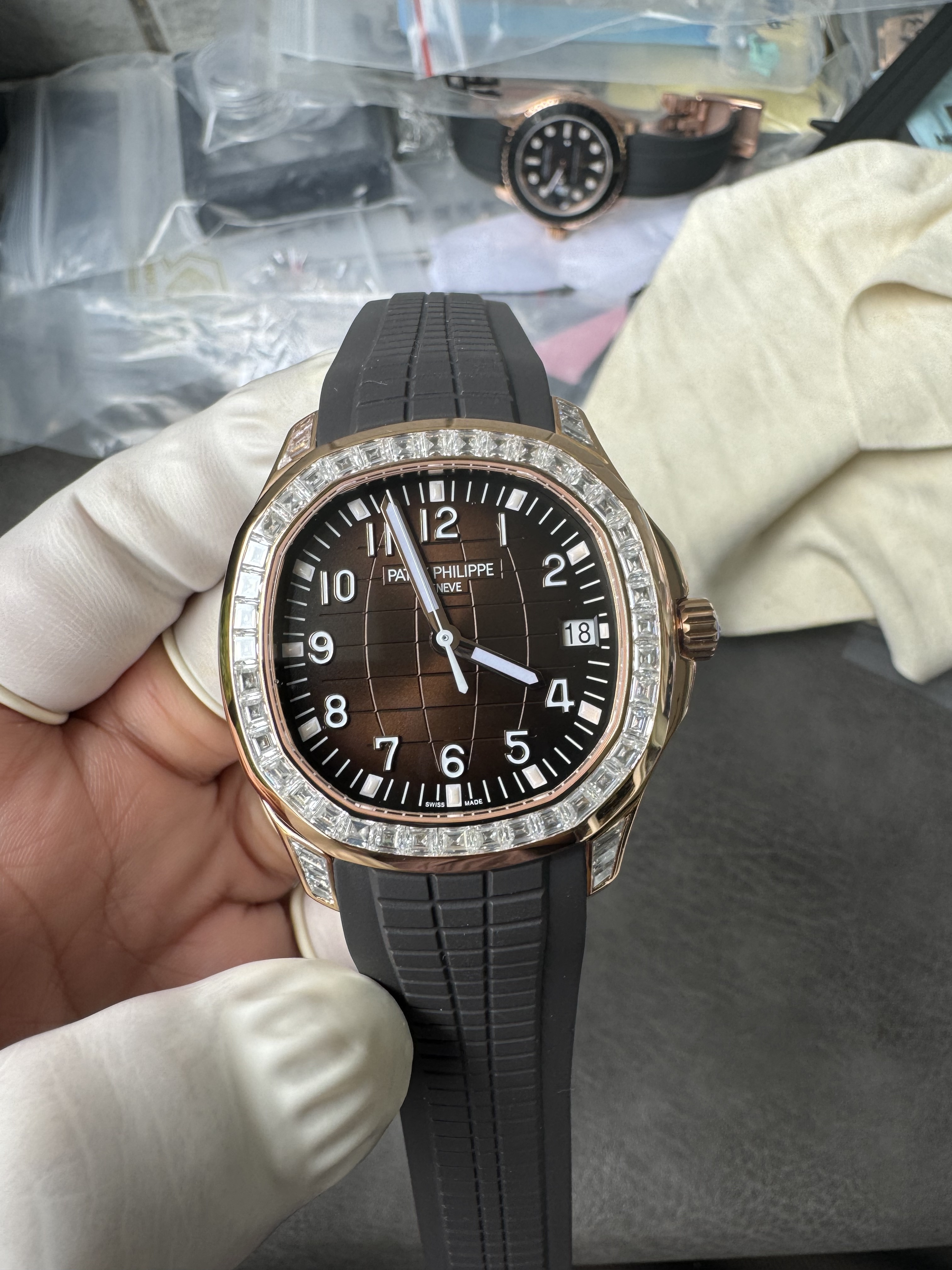 Super Clone 1:1 Patek Philippe Aquanaut 5167R “Grenade” Rose Gold with Full Diamond Bezel & Rubber Strap