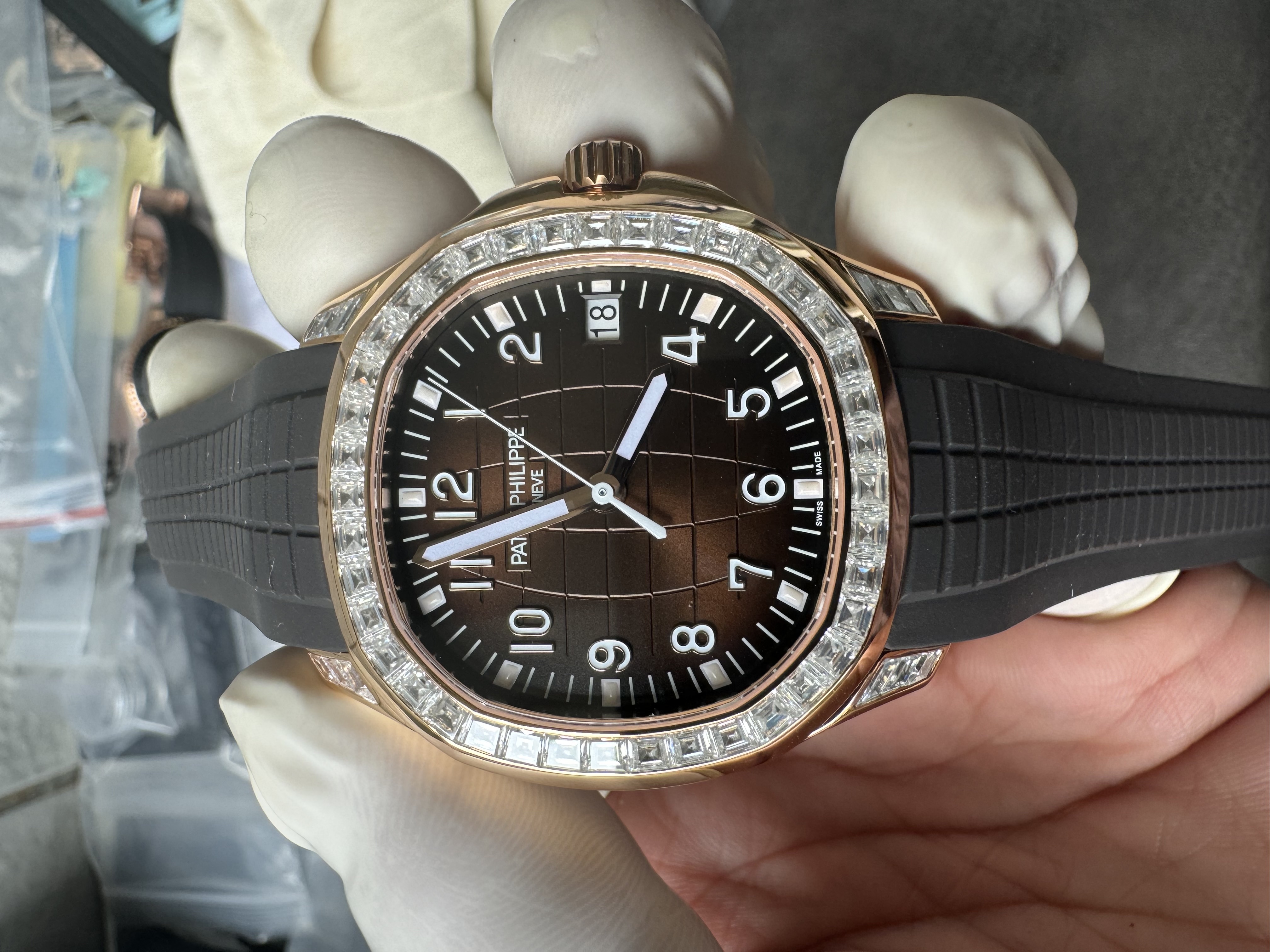 Super Clone 1:1 Patek Philippe Aquanaut 5167R “Grenade” Rose Gold with Full Diamond Bezel & Rubber Strap