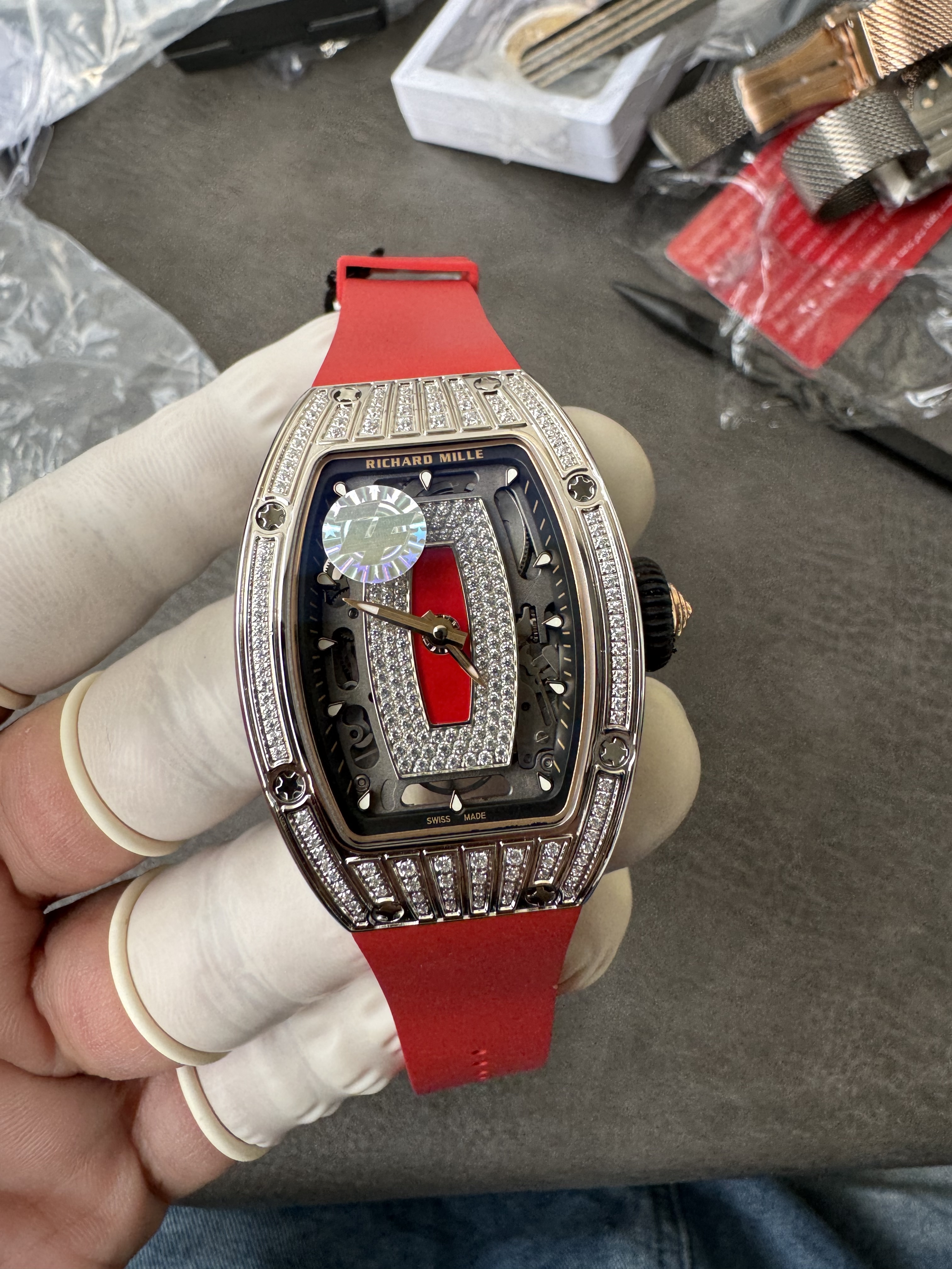 Super Clone Richard Mille RM 07-01 Full Diamond Red Strap Ladies Watch with Red Inlay & Gem-Set Bridge