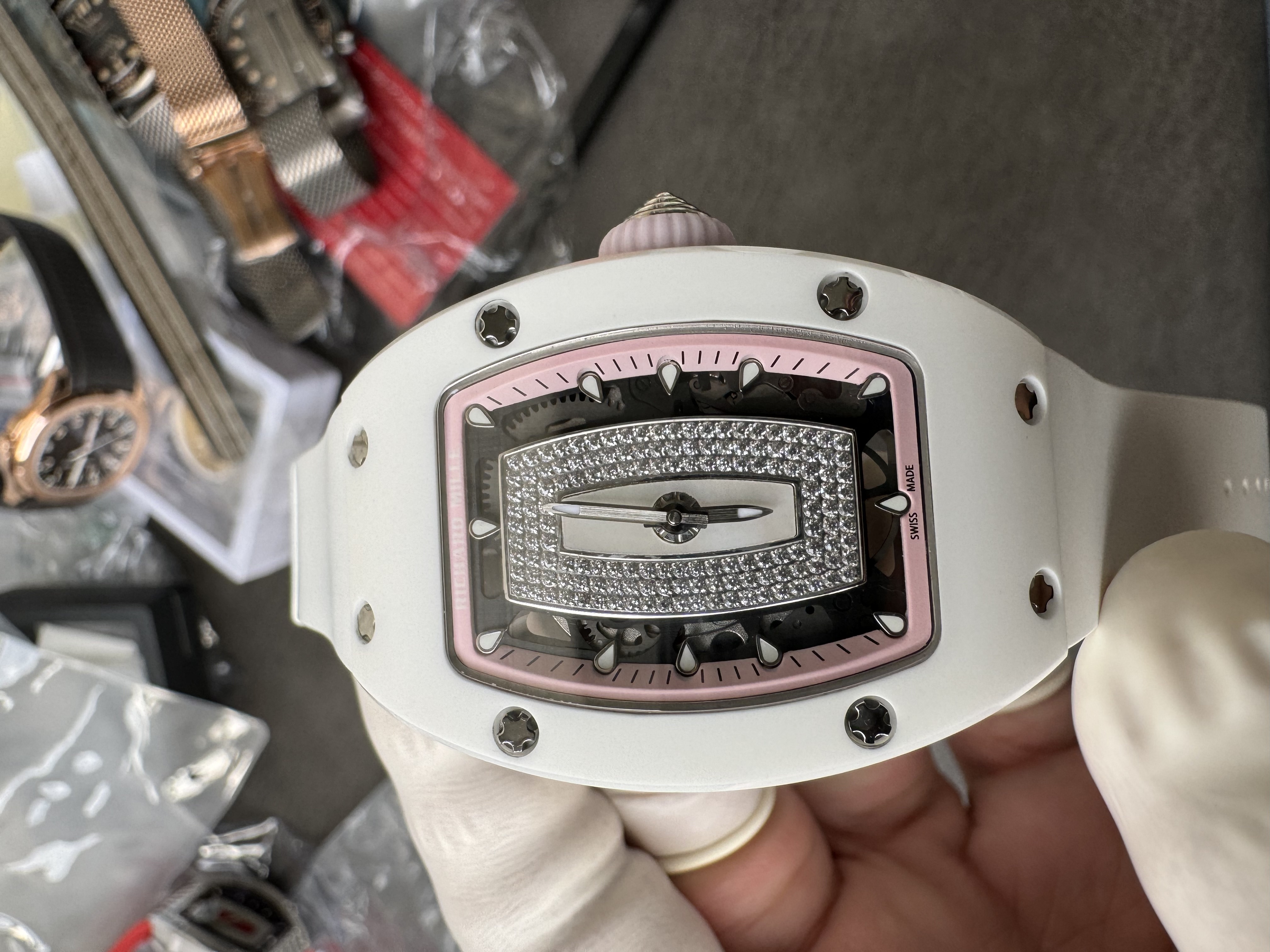 Super Clone Richard Mille RM 07-01 Ladies Watch White Ceramic Case with Pink Inner Ring & Full Diamond Bridge