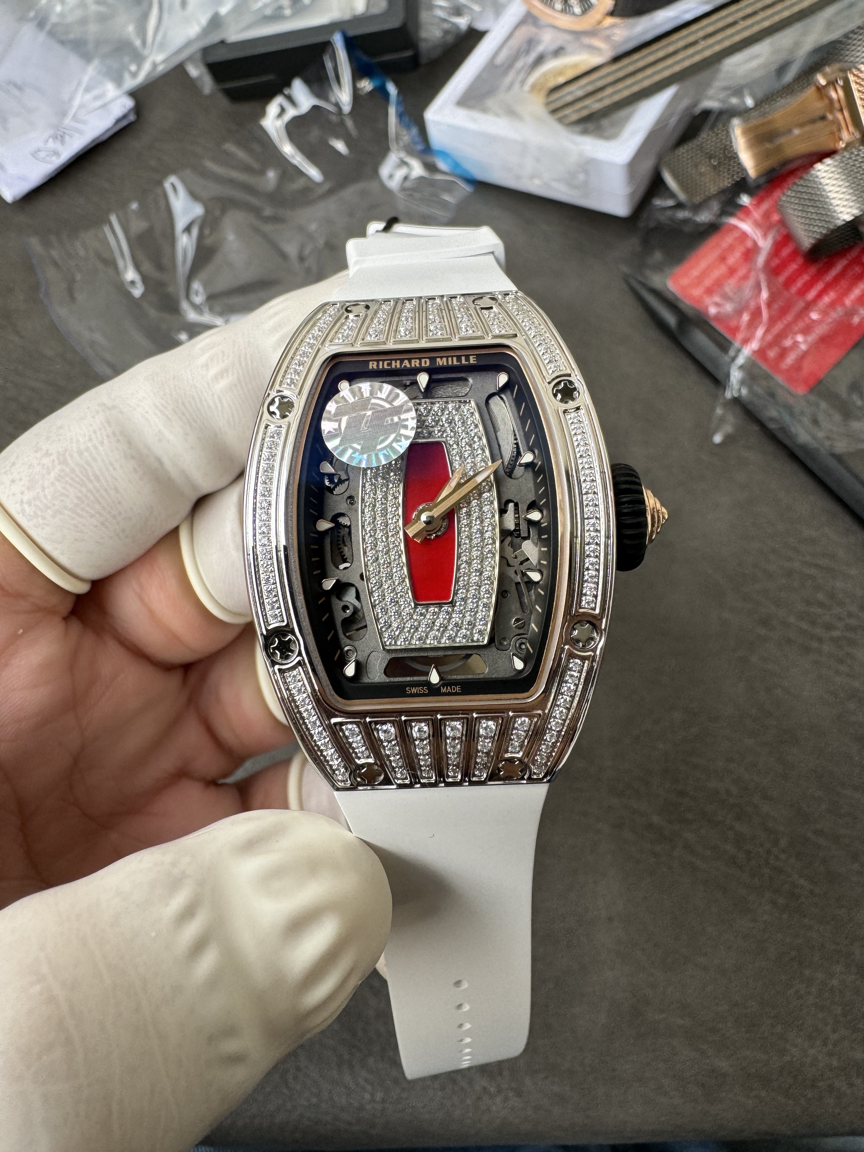 Super Clone Richard Mille RM 07-01 White Full Diamond Ladies Watch with Red Center Inlay & Gem-Set Bridge