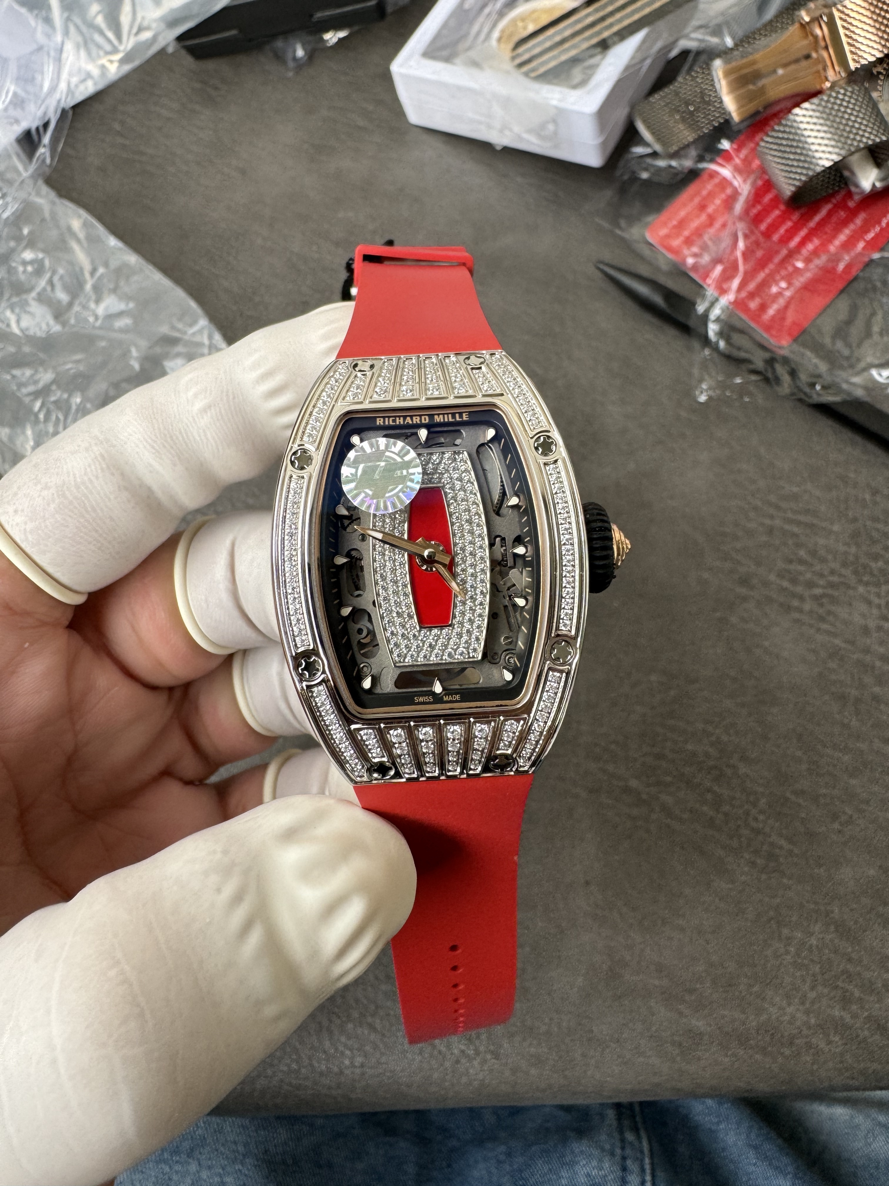 Super Clone Richard Mille RM 07-01 Full Diamond Red Strap Ladies Watch with Red Inlay & Gem-Set Bridge