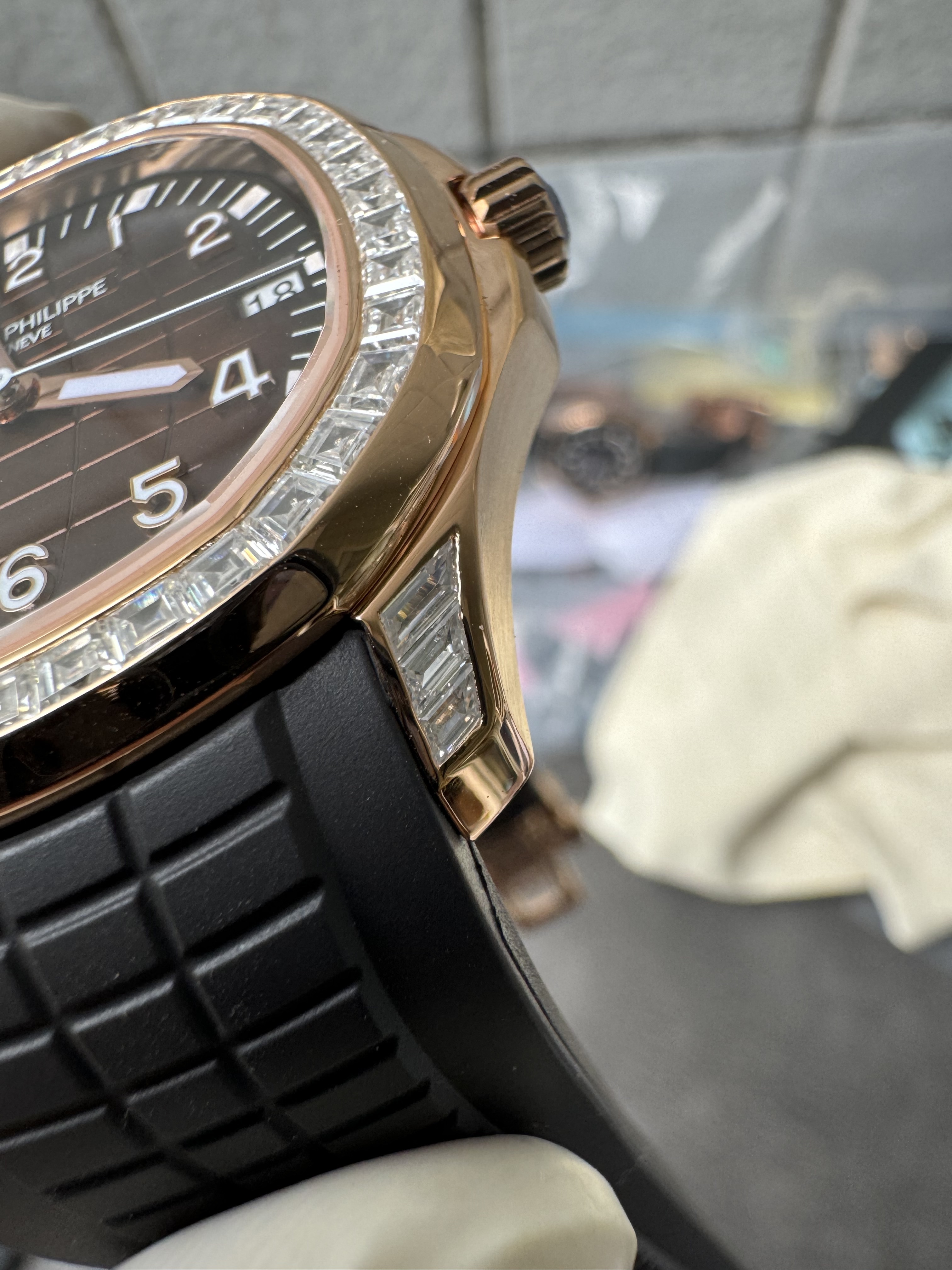 Super Clone 1:1 Patek Philippe Aquanaut 5167R “Grenade” Rose Gold with Full Diamond Bezel & Rubber Strap