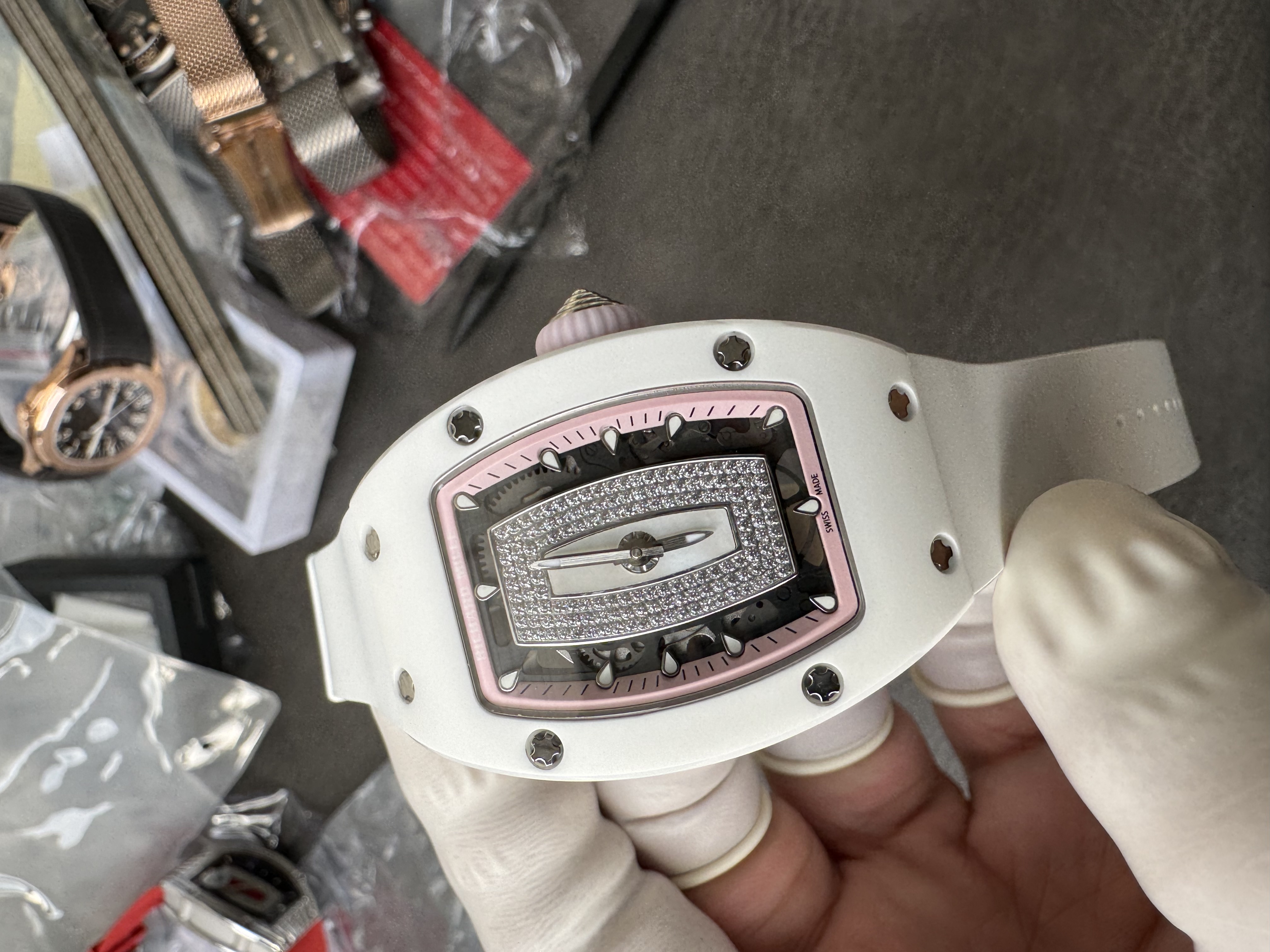 Super Clone Richard Mille RM 07-01 Ladies Watch White Ceramic Case with Pink Inner Ring & Full Diamond Bridge