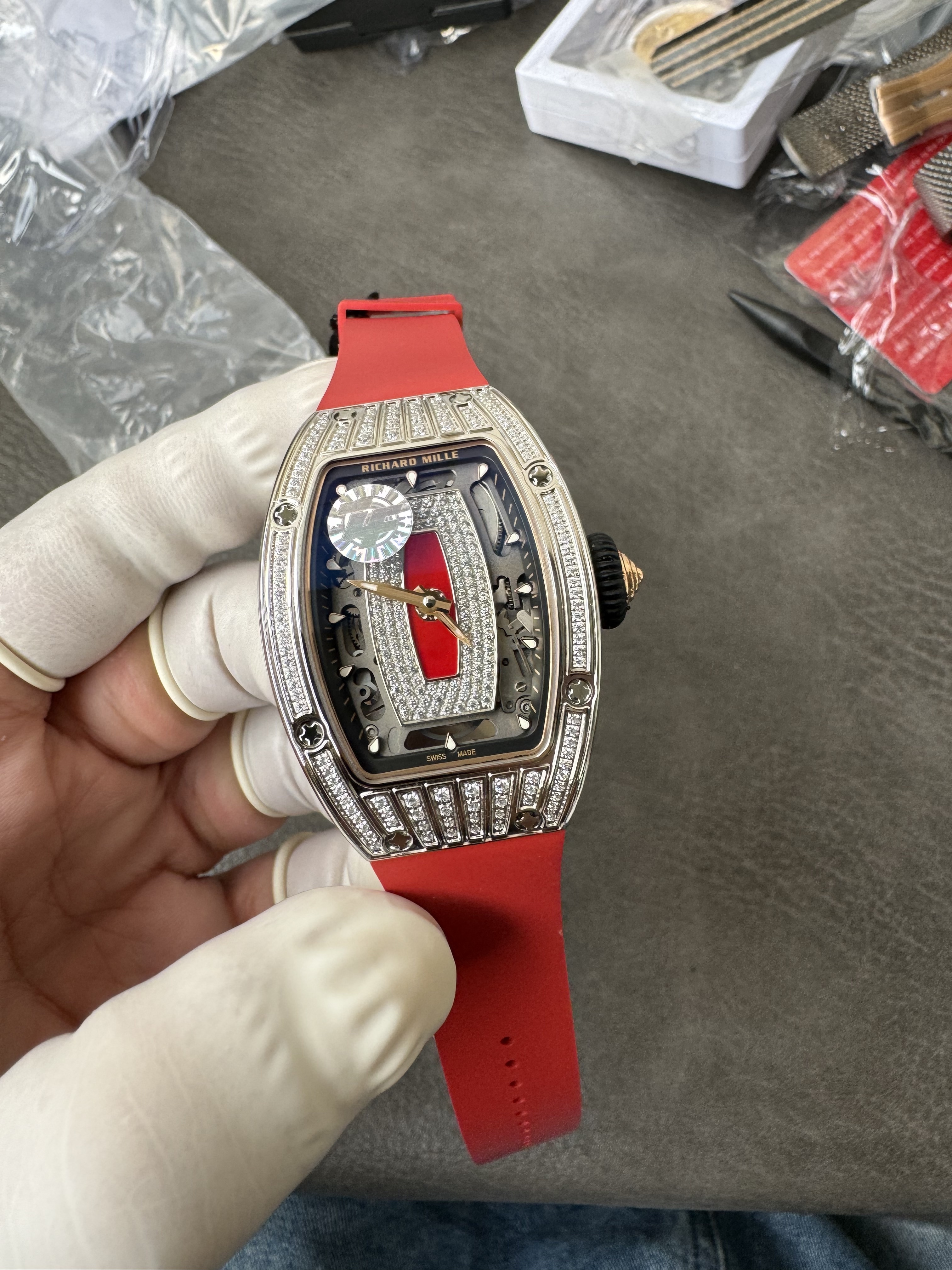 Super Clone Richard Mille RM 07-01 Full Diamond Red Strap Ladies Watch with Red Inlay & Gem-Set Bridge