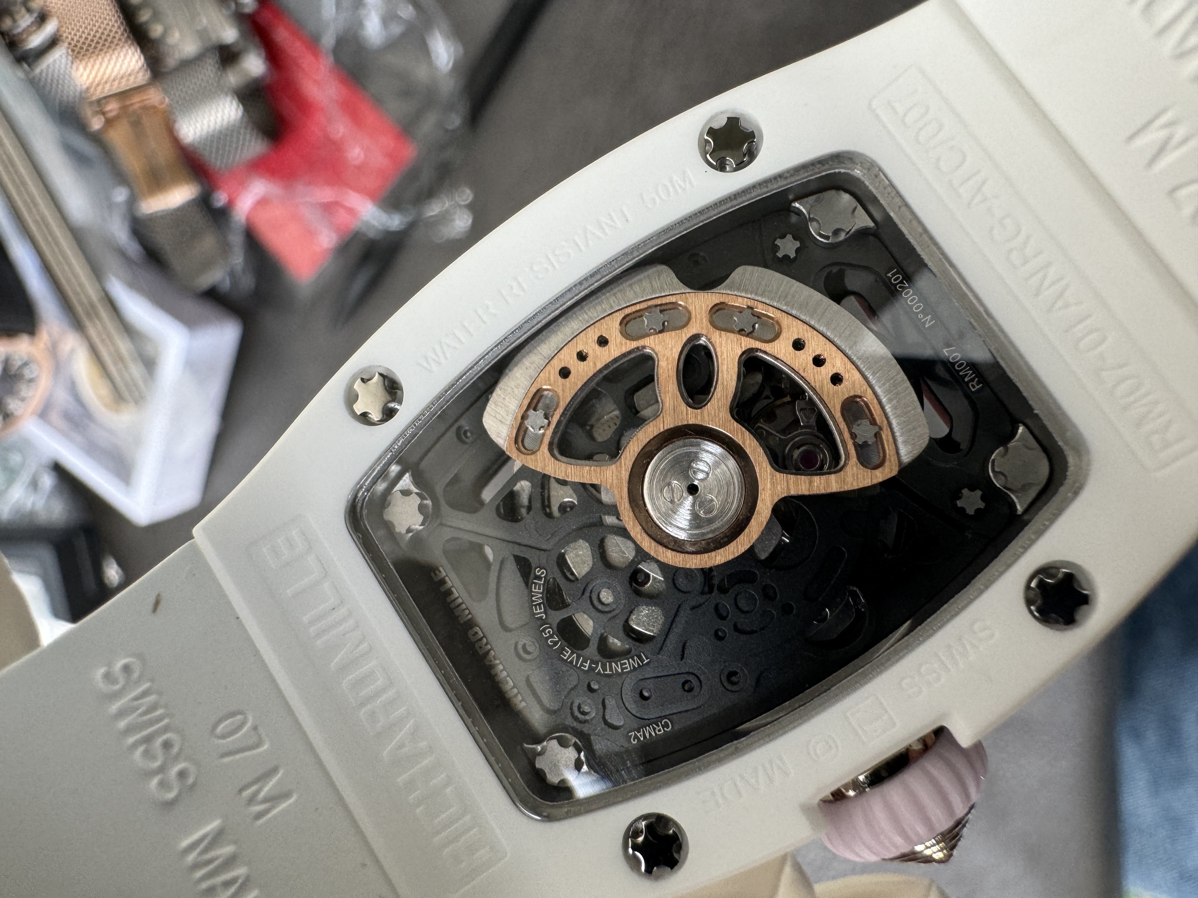 Super Clone Richard Mille RM 07-01 Ladies Watch White Ceramic Case with Pink Inner Ring & Full Diamond Bridge