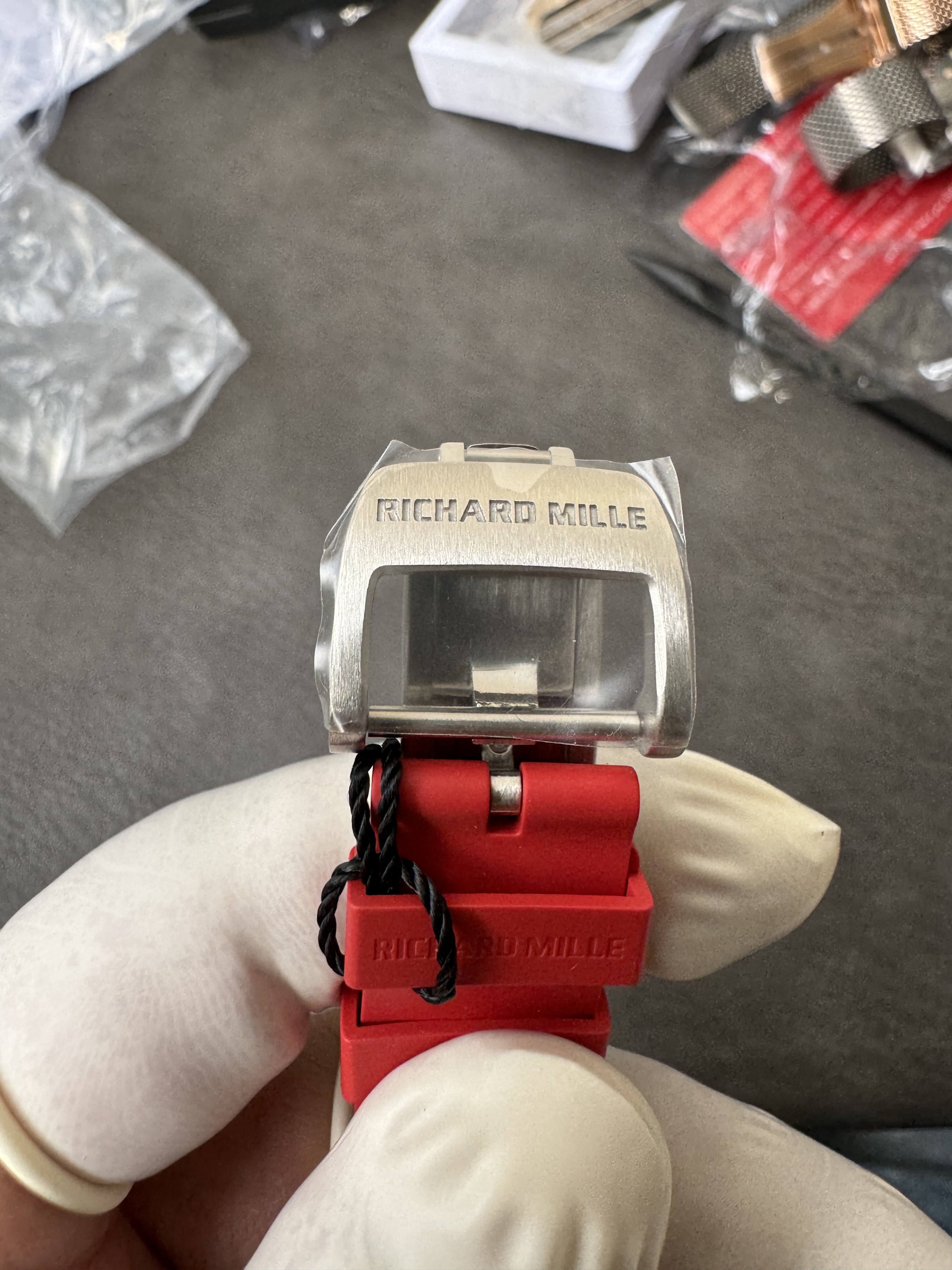 Super Clone Richard Mille RM 07-01 Full Diamond Red Strap Ladies Watch with Red Inlay & Gem-Set Bridge