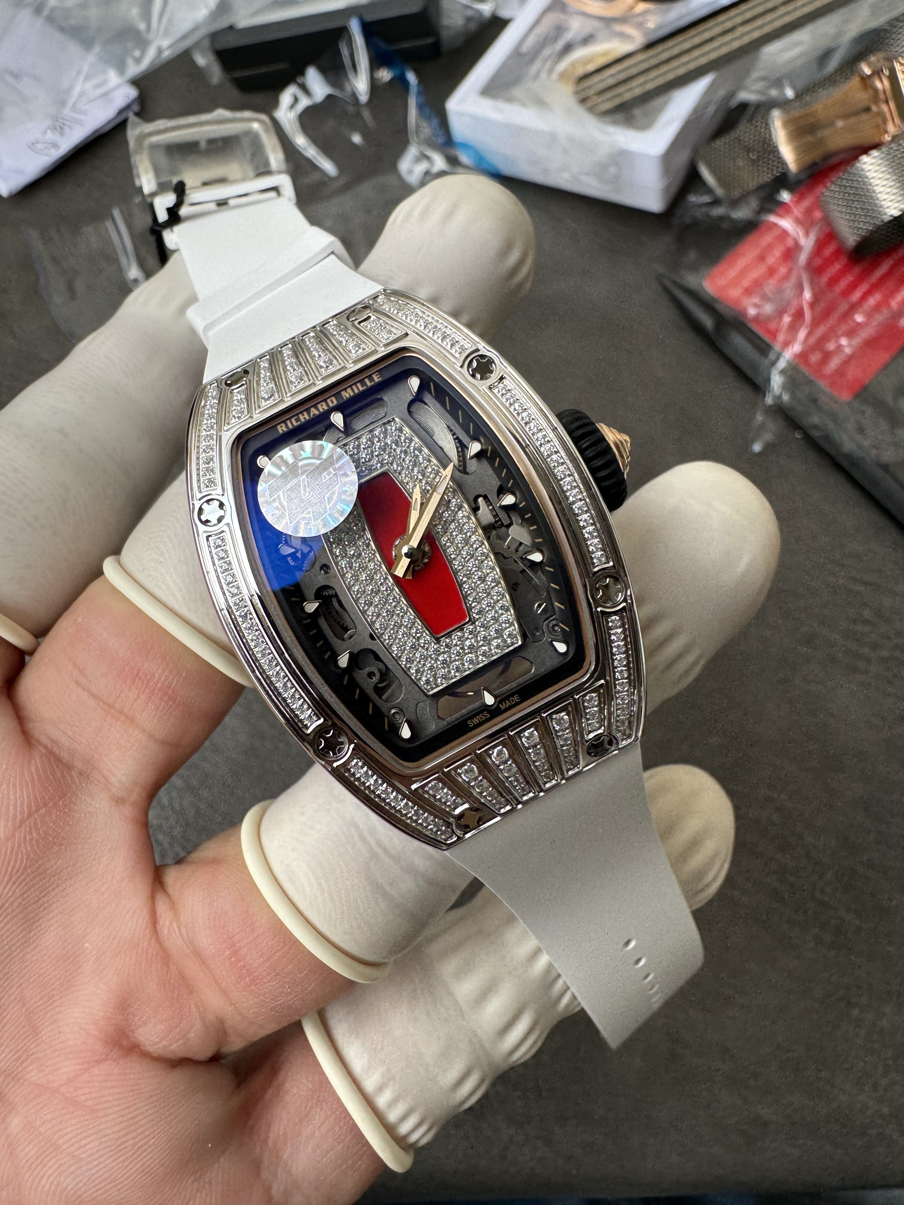 Super Clone Richard Mille RM 07-01 White Full Diamond Ladies Watch with Red Center Inlay & Gem-Set Bridge