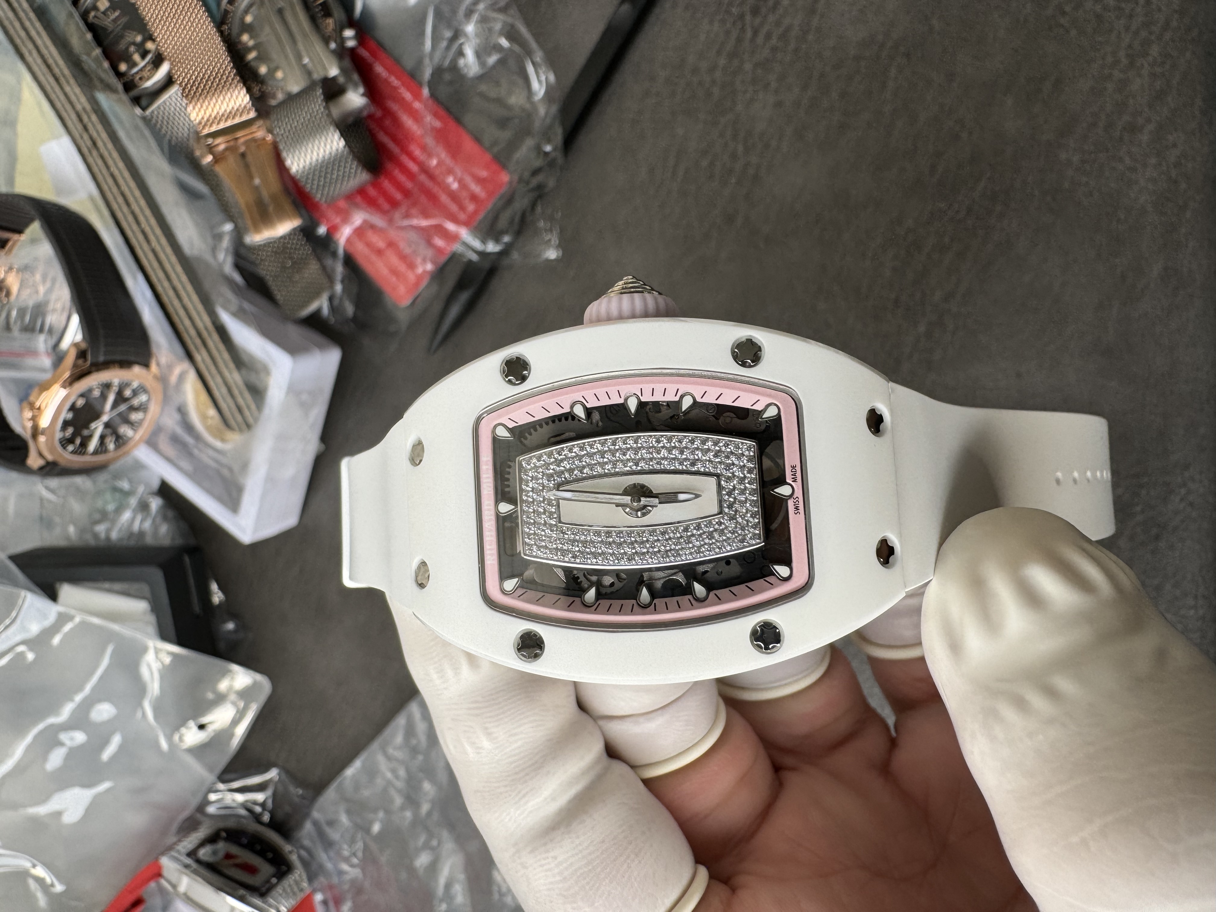 Super Clone Richard Mille RM 07-01 Ladies Watch White Ceramic Case with Pink Inner Ring & Full Diamond Bridge