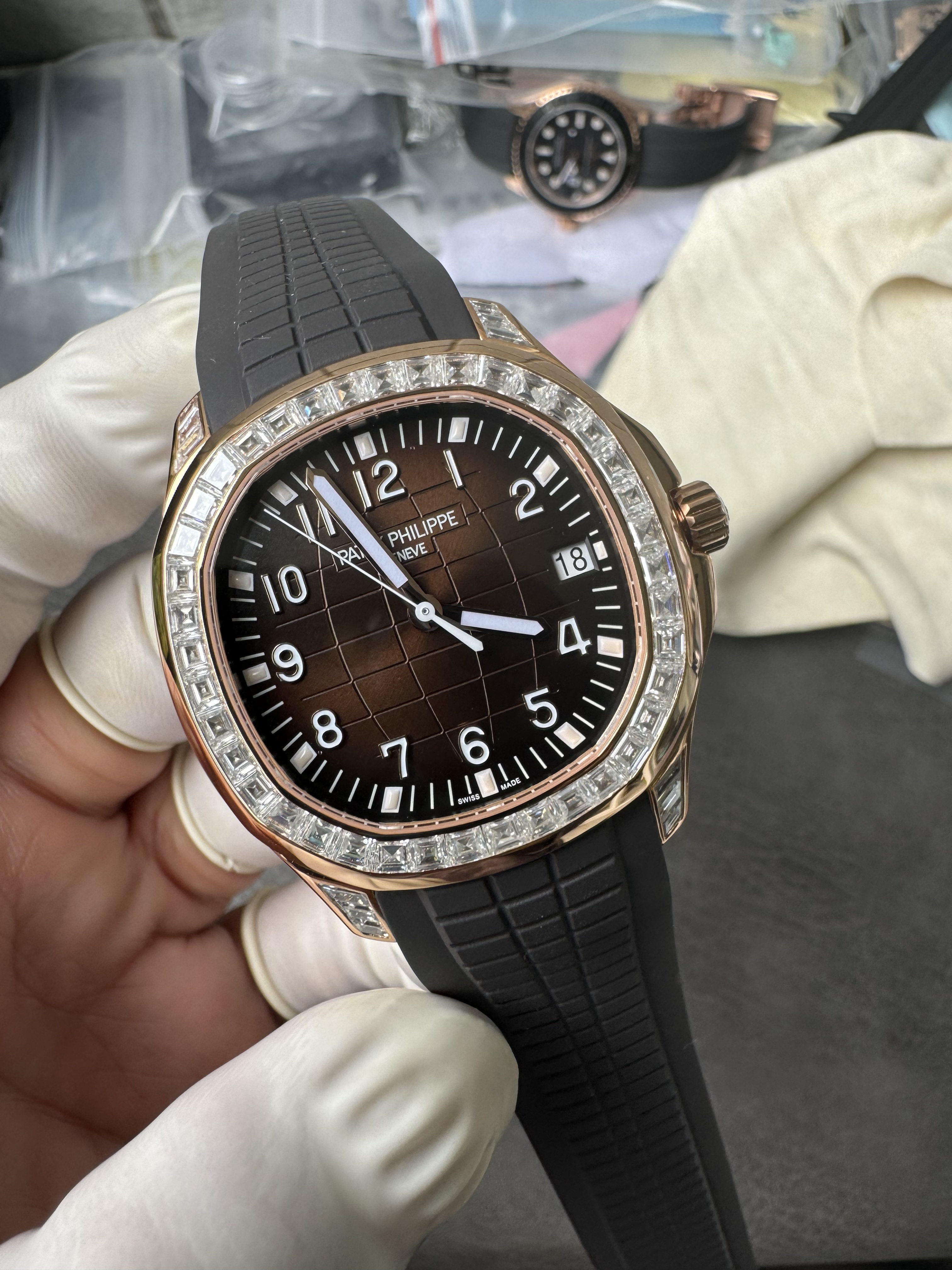 Super Clone 1:1 Patek Philippe Aquanaut 5167R “Grenade” Rose Gold with Full Diamond Bezel & Rubber Strap