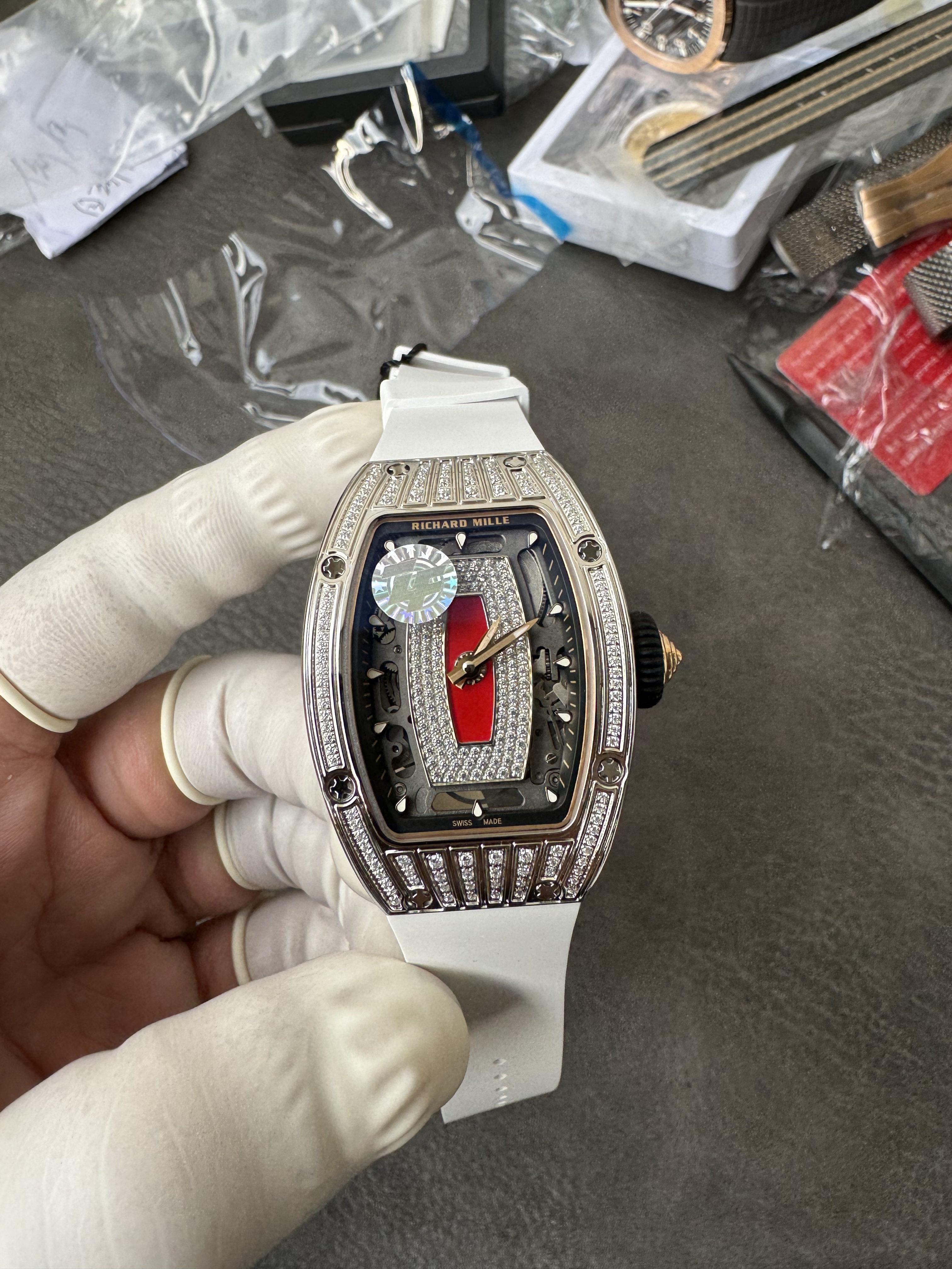 Super Clone Richard Mille RM 07-01 White Full Diamond Ladies Watch with Red Center Inlay & Gem-Set Bridge