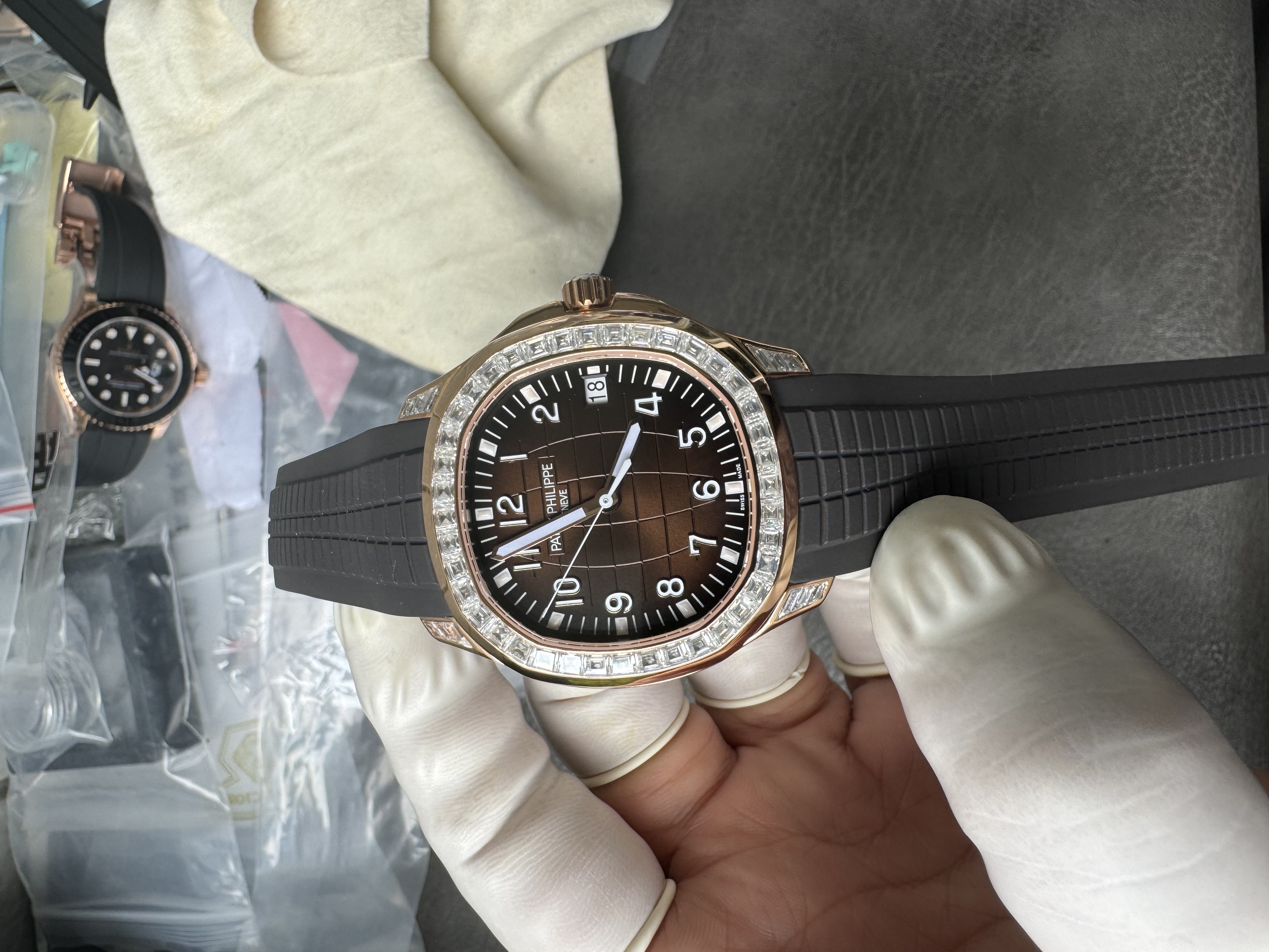 Super Clone 1:1 Patek Philippe Aquanaut 5167R “Grenade” Rose Gold with Full Diamond Bezel & Rubber Strap