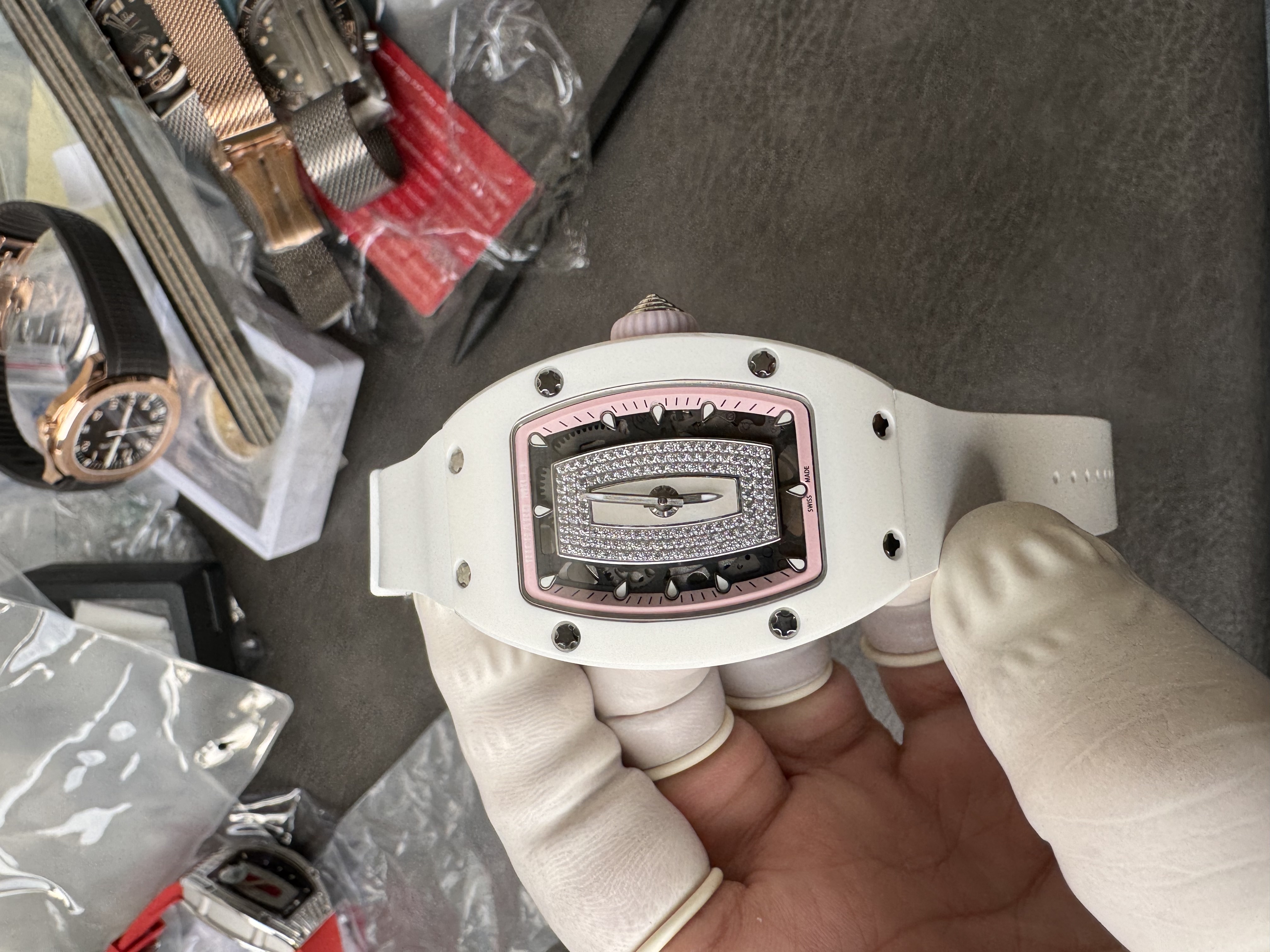 Super Clone Richard Mille RM 07-01 Ladies Watch White Ceramic Case with Pink Inner Ring & Full Diamond Bridge