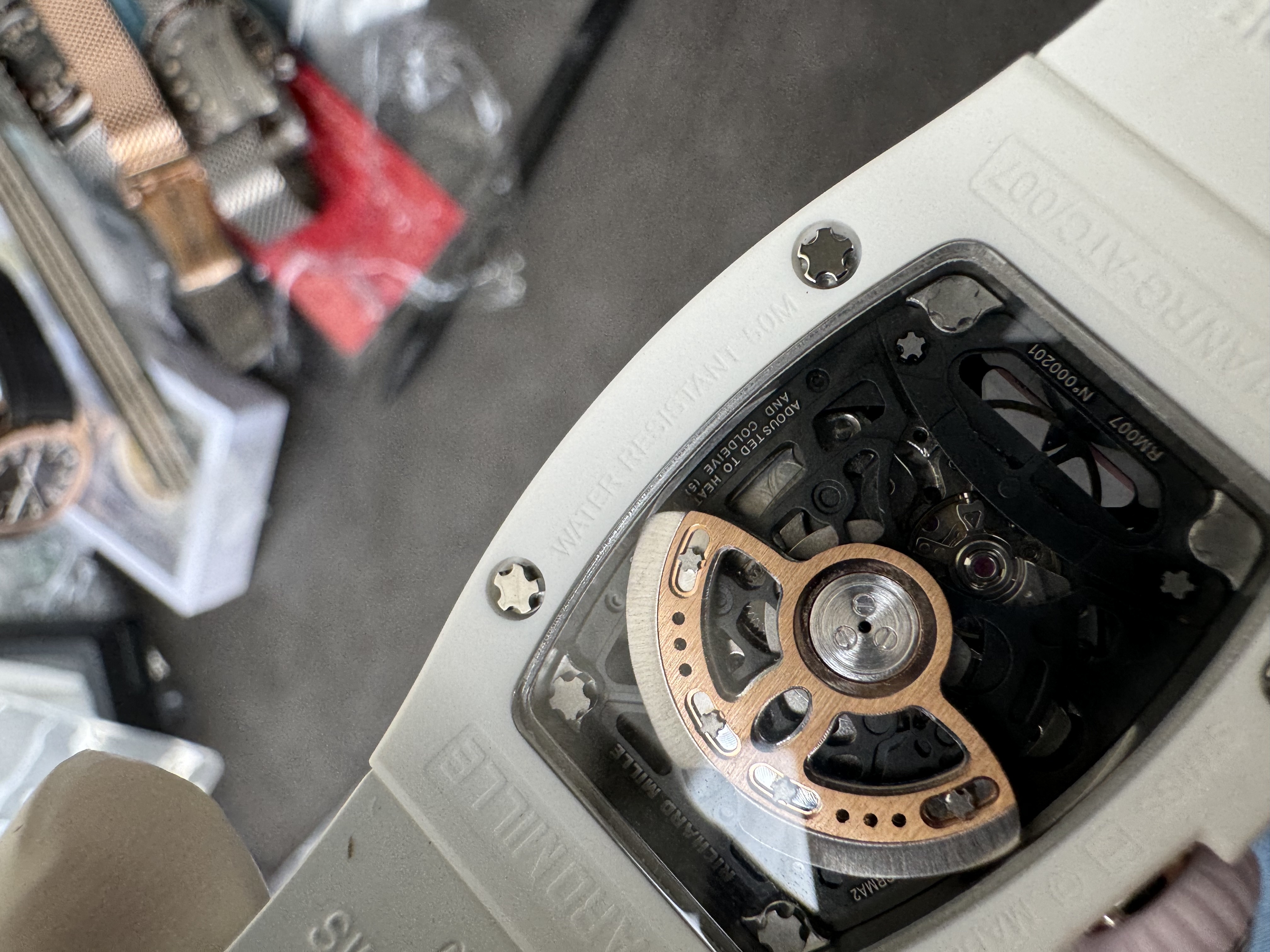 Super Clone Richard Mille RM 07-01 Ladies Watch White Ceramic Case with Pink Inner Ring & Full Diamond Bridge