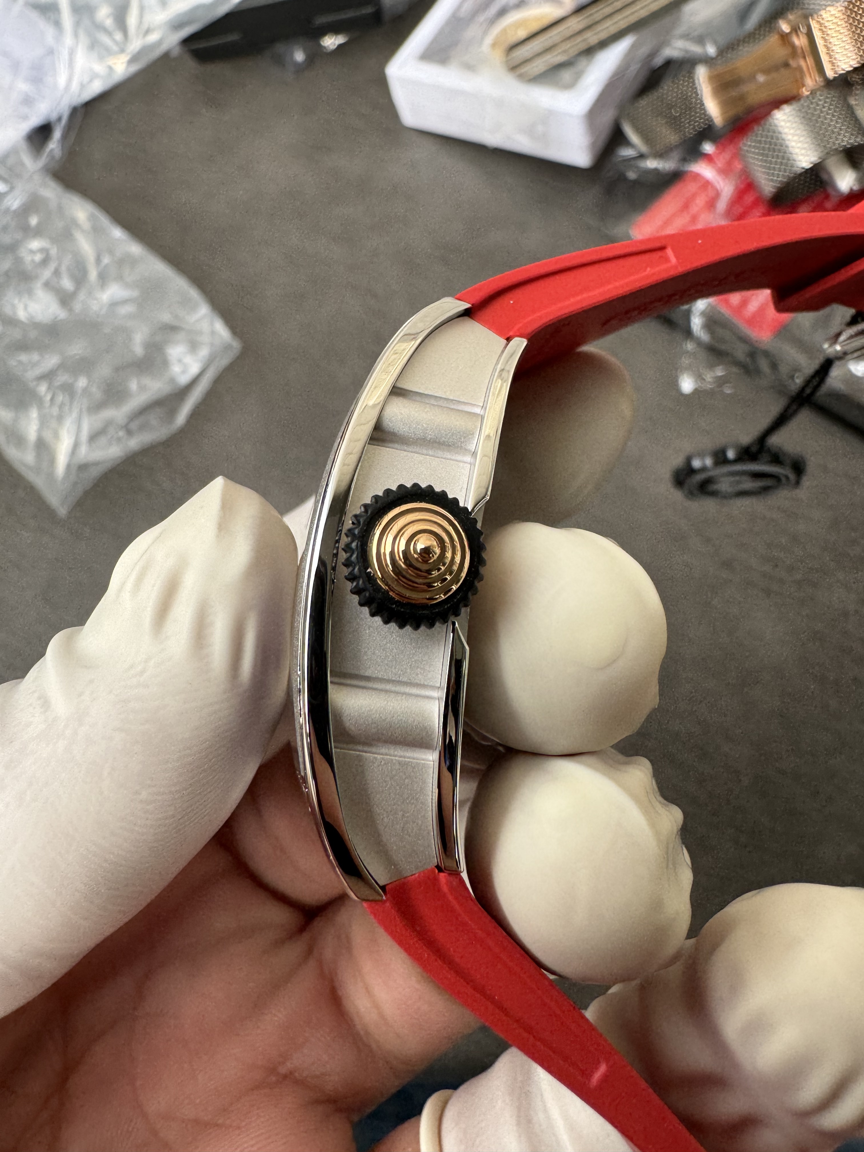 Super Clone Richard Mille RM 07-01 Full Diamond Red Strap Ladies Watch with Red Inlay & Gem-Set Bridge