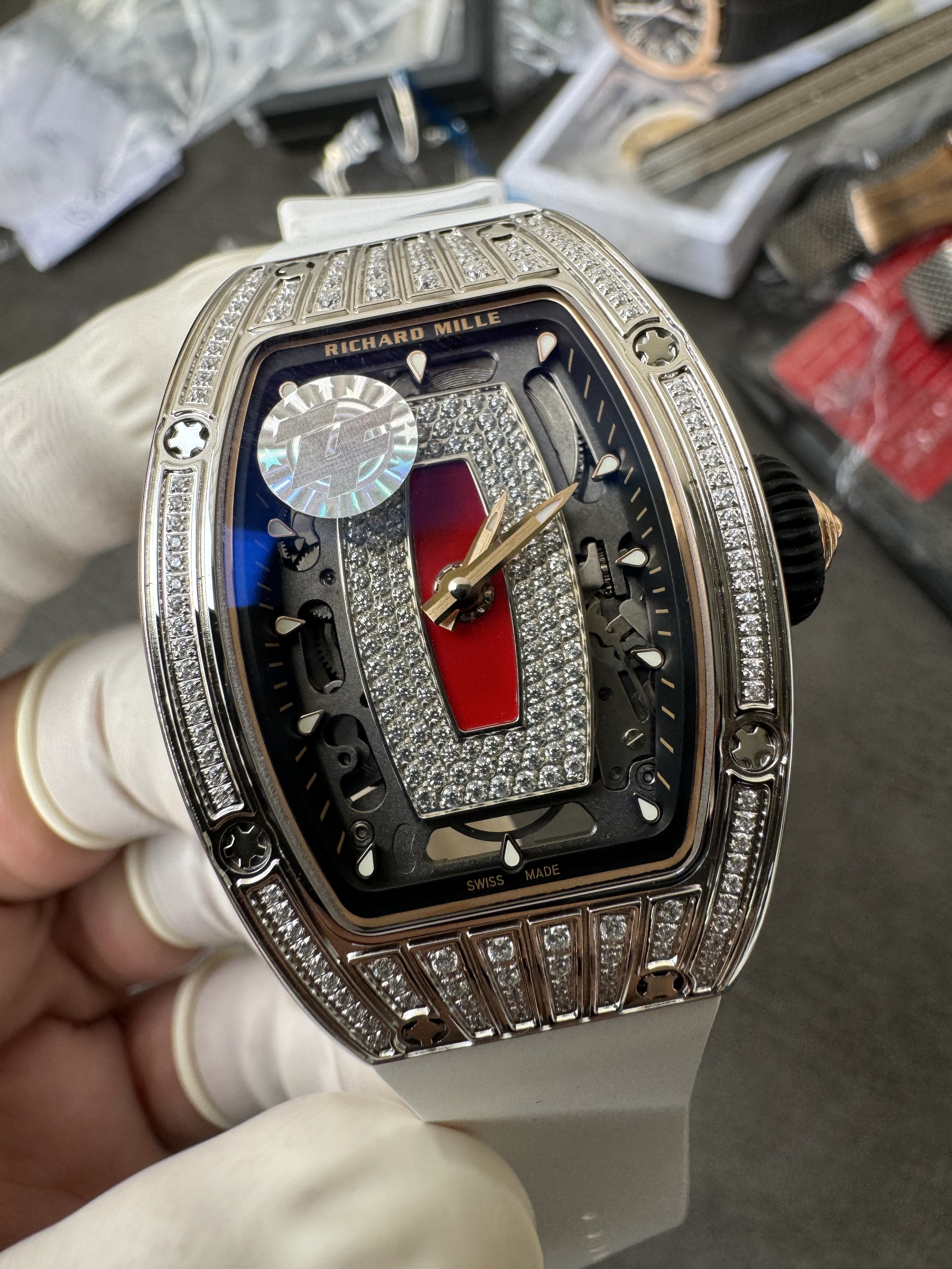 Super Clone Richard Mille RM 07-01 White Full Diamond Ladies Watch with Red Center Inlay & Gem-Set Bridge