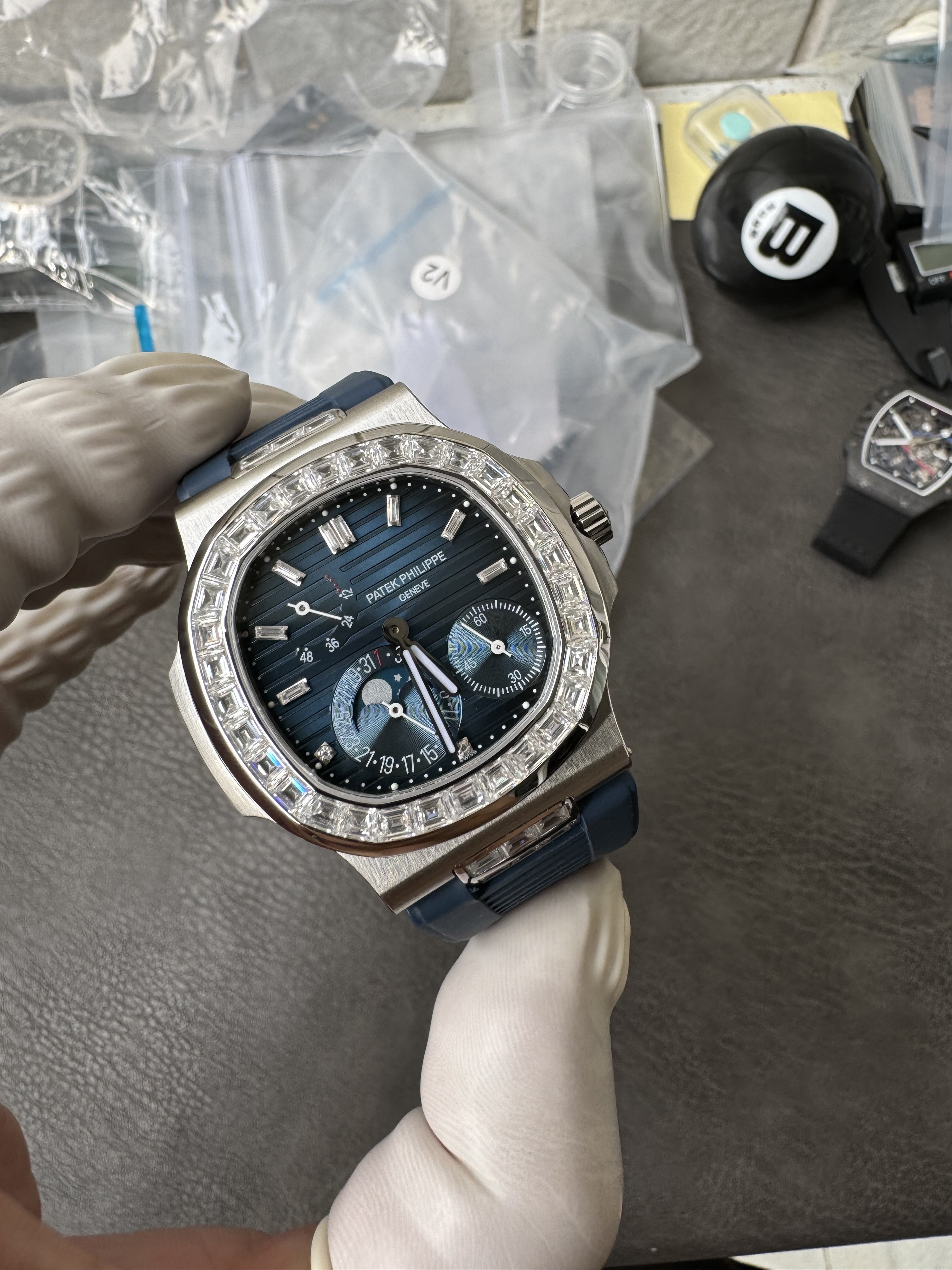 Super Clone 1:1 Patek Philippe Nautilus 5712 Blue Dial Perpetual Calendar with Diamond Bezel – Blue Rubber Strap